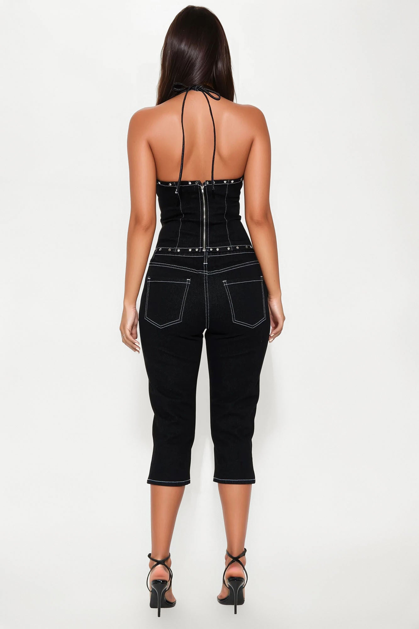 After Dark Lace Up Corset Capri Pant Set  - Black - Image 3