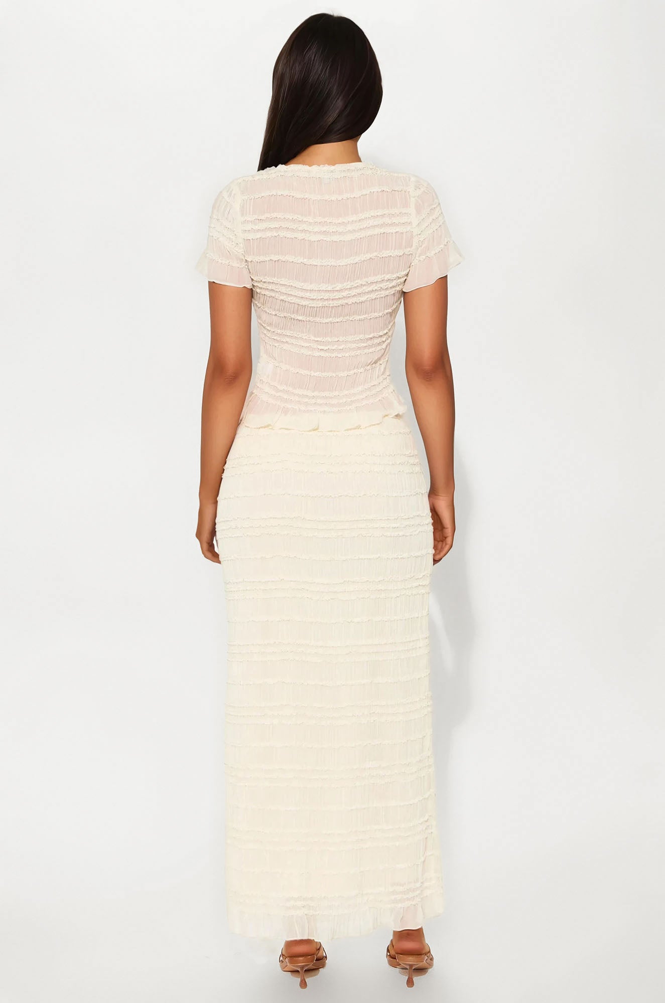 Flirty Chiffon Button Up Maxi Skirt Set - Beige - Image 3
