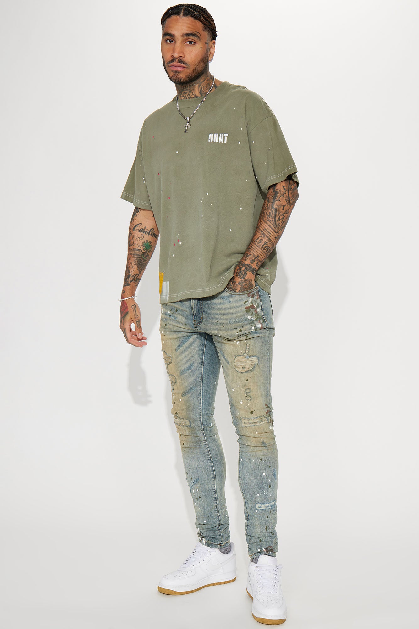 GOAT Paint Splatter Oversized Short Sleeve Tee - Olive - Image 3