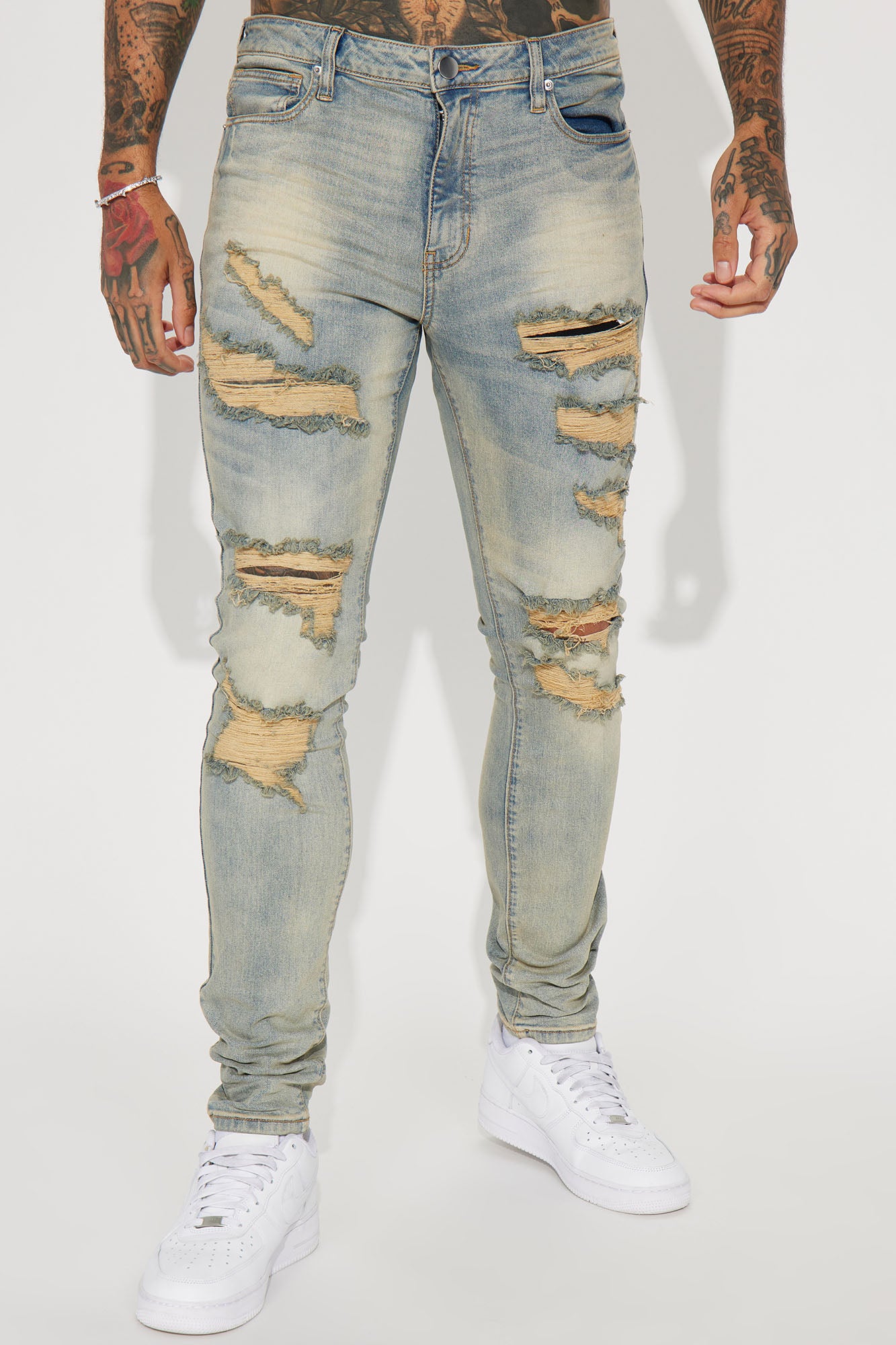 Out Of Control Destroyed Vintage Stacked Skinny Jeans - Vintage Blue Wash - Image 4
