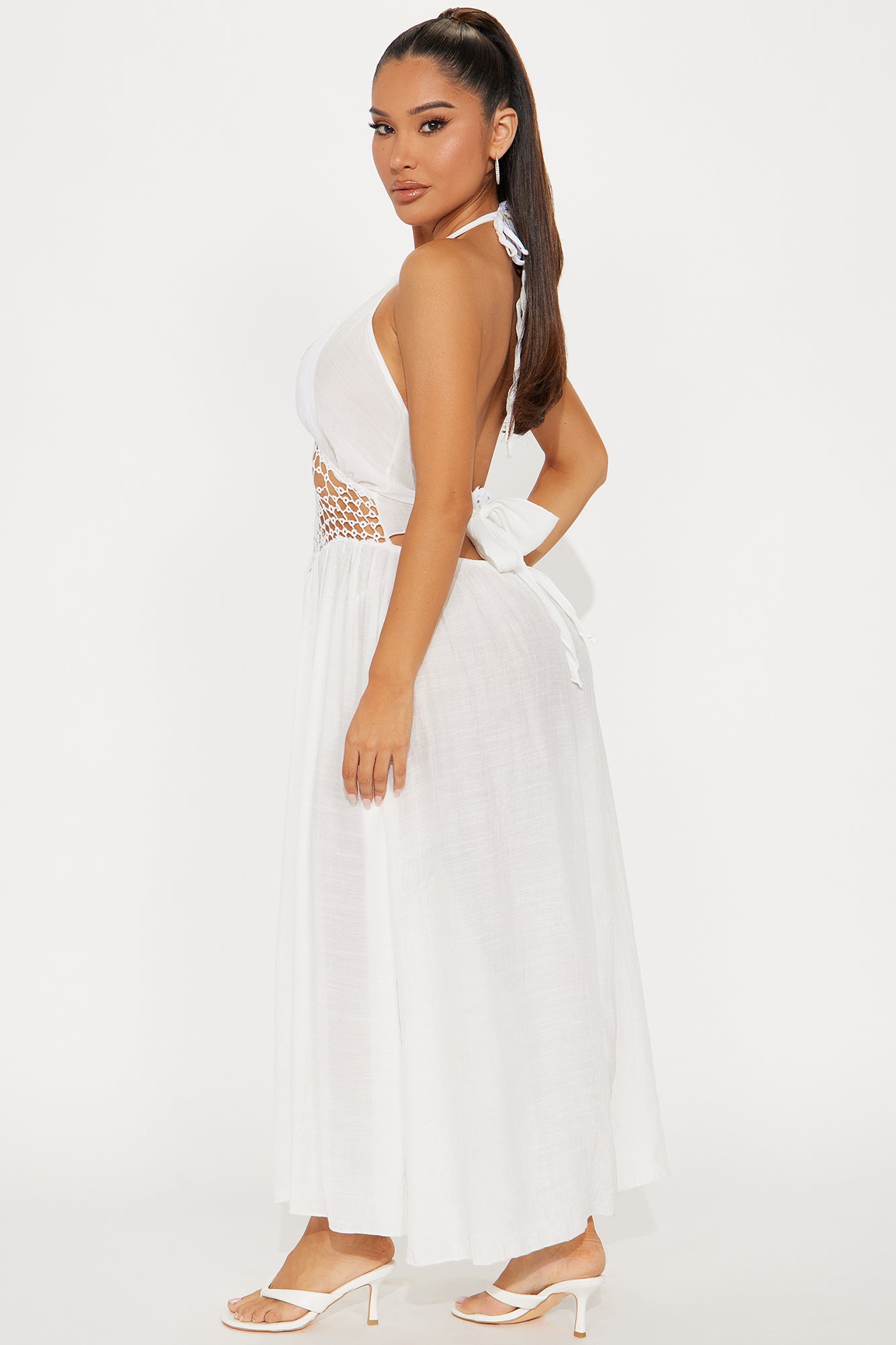 Island Vacation Linen Crochet Cover Up Maxi Dress - White - Image 3