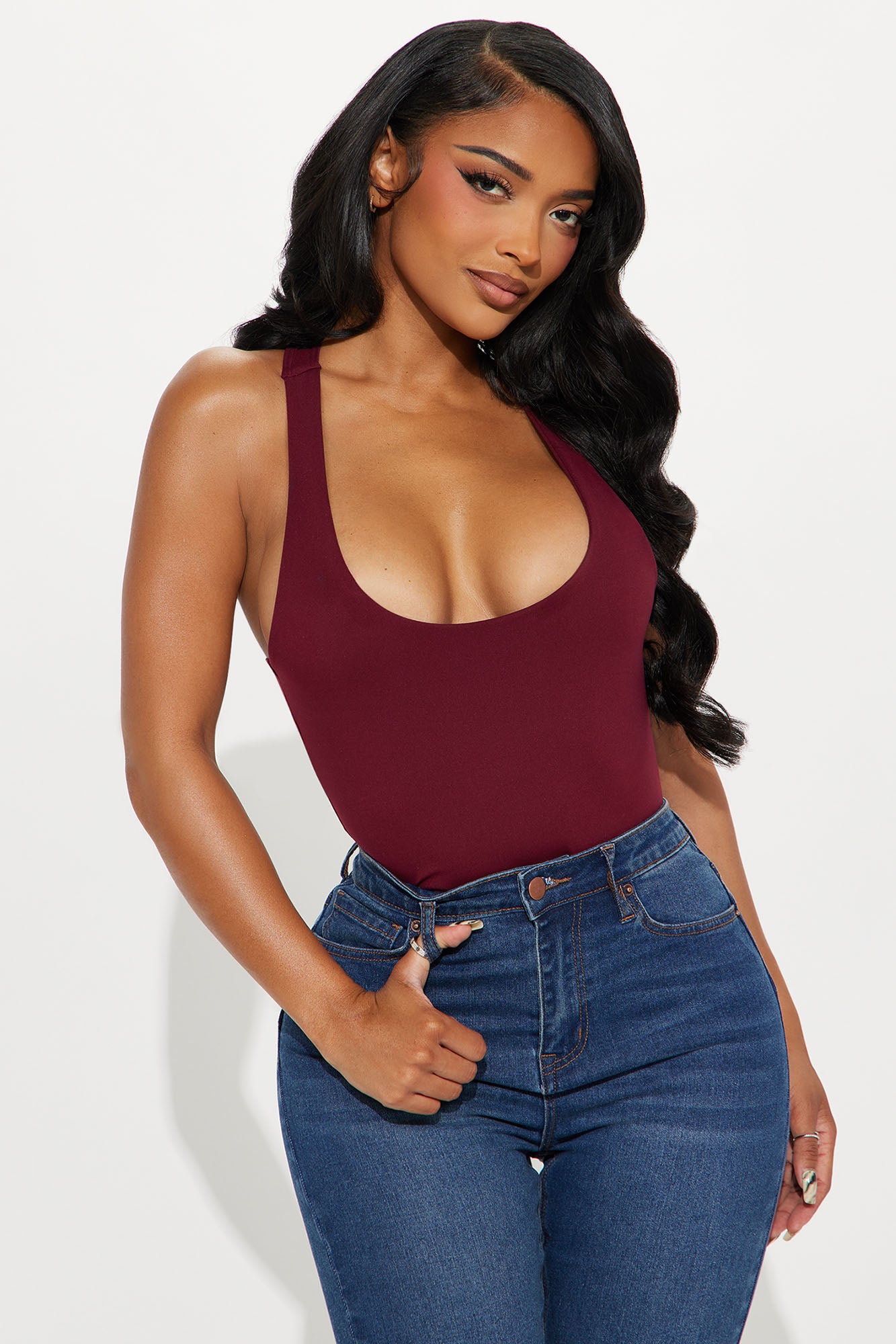 Sarafiena Double Lined Scoop Neck Bodysuit - Burgundy - Image 3