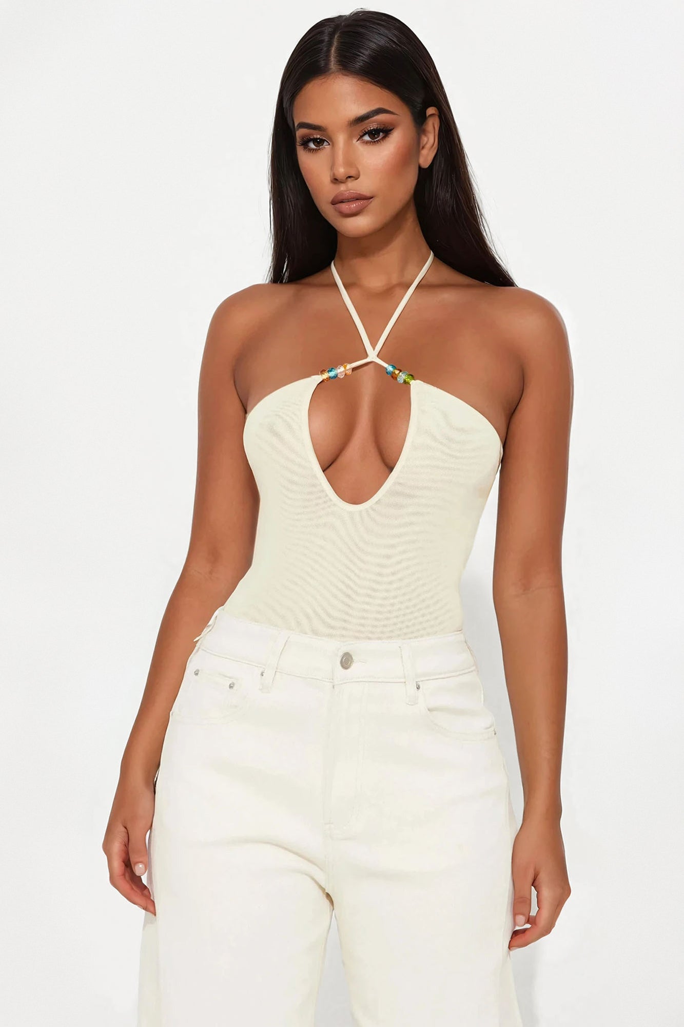 Beach Club Mesh Y-Neck Halter Bodysuit - Yellow - Image 3