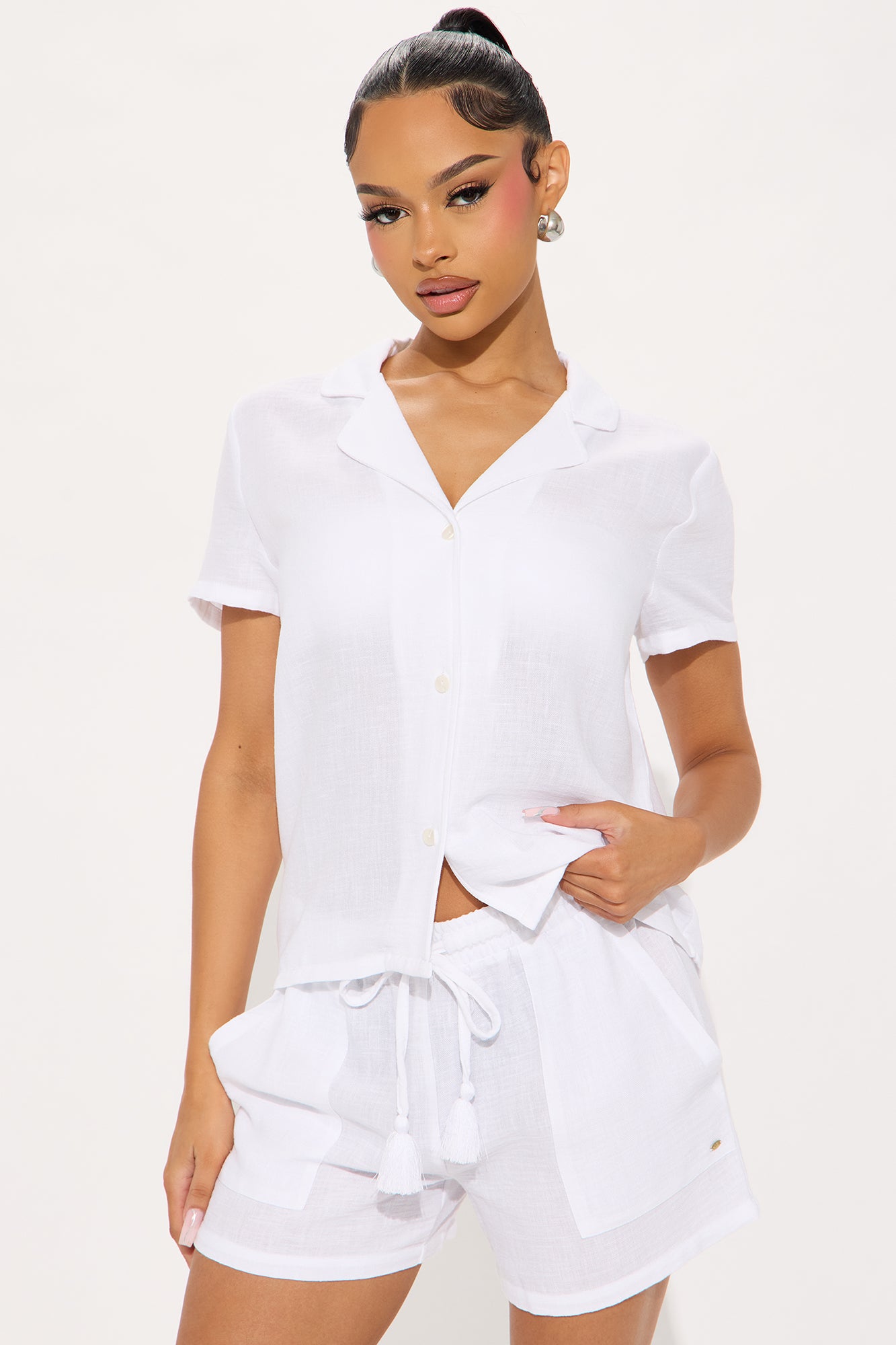 Keep It Simple Gauze Cover Up Shorts Set - White - Image 3