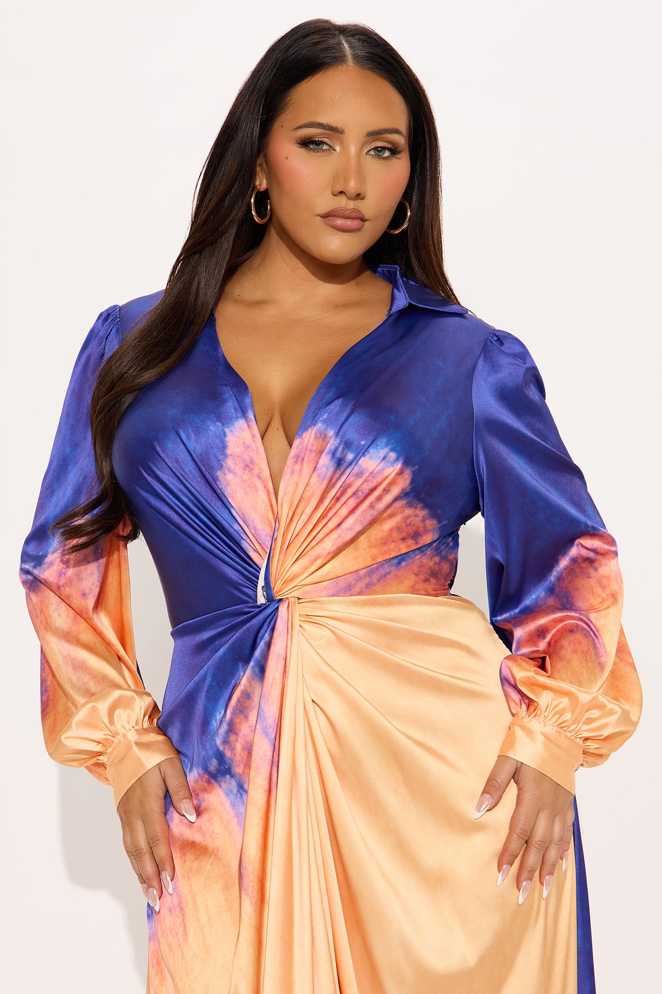 Cabo Sunsets Satin Maxi Shirt Dress - Blue/combo - Image 5