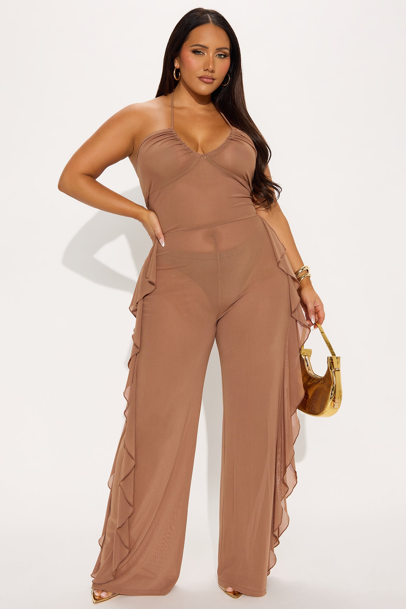 Electric Feeling Mesh Jumpsuit - Mocha - Image 4