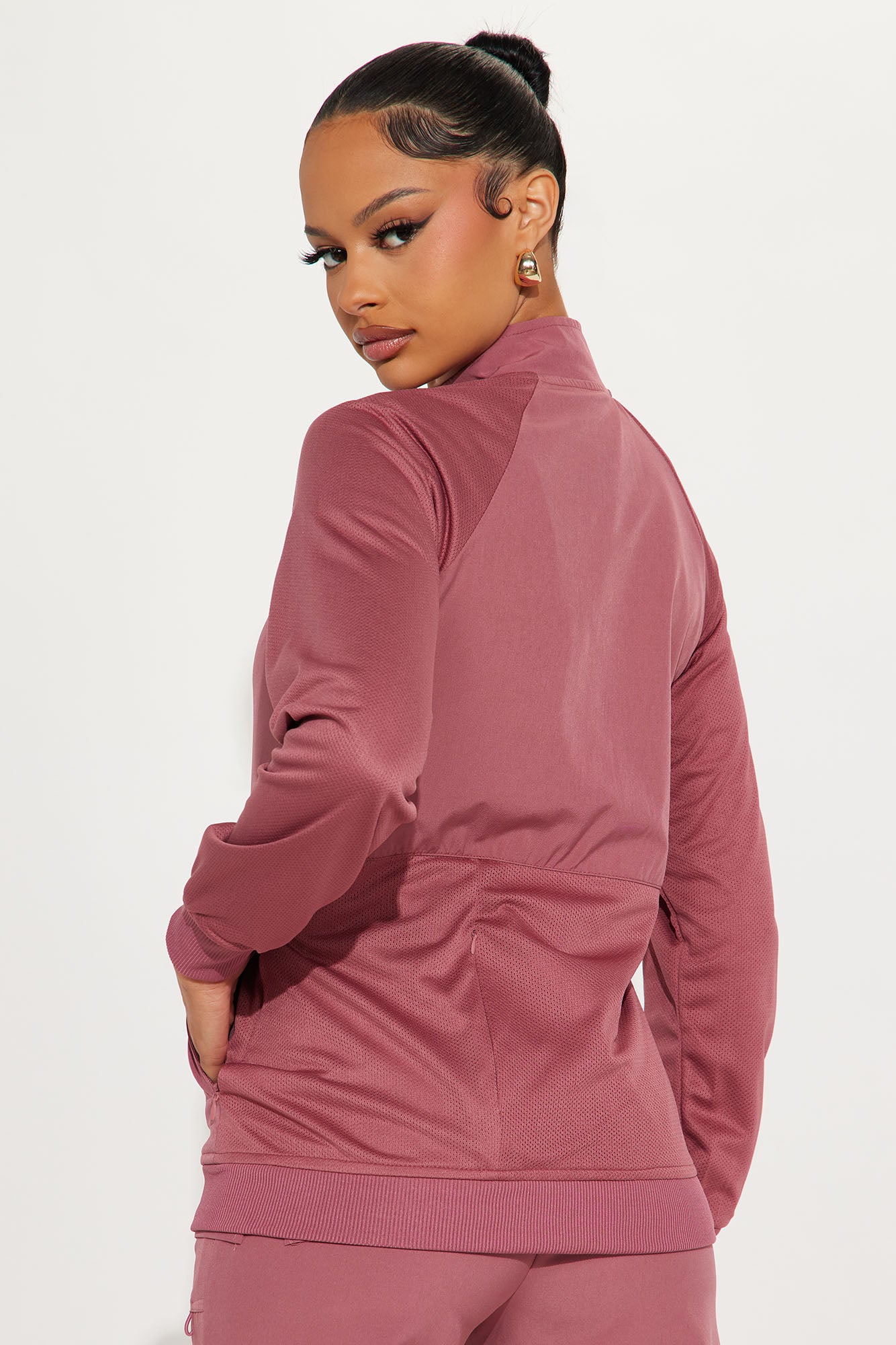 Full Shift Stretch Scrub Uniform Zip Up Jacket - Rose - Image 3