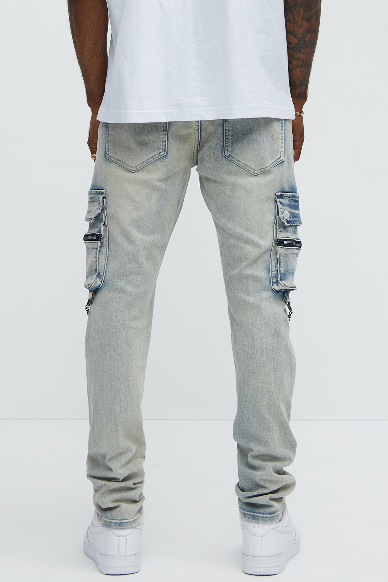 Down To It Cargo With Chain Stacked Skinny Jeans - Light Wash - Image 4