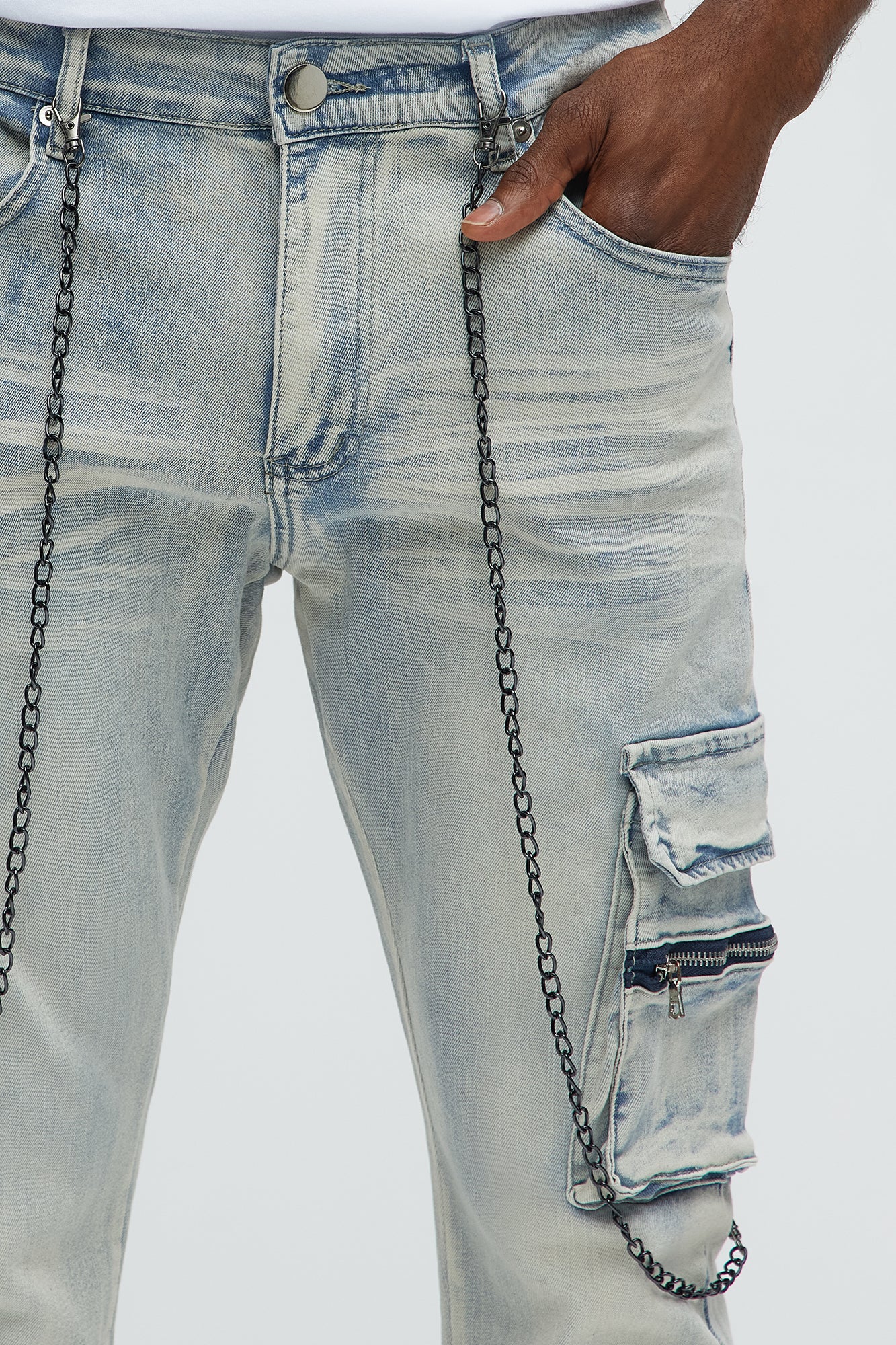 Down To It Cargo With Chain Stacked Skinny Jeans - Light Wash - Image 3