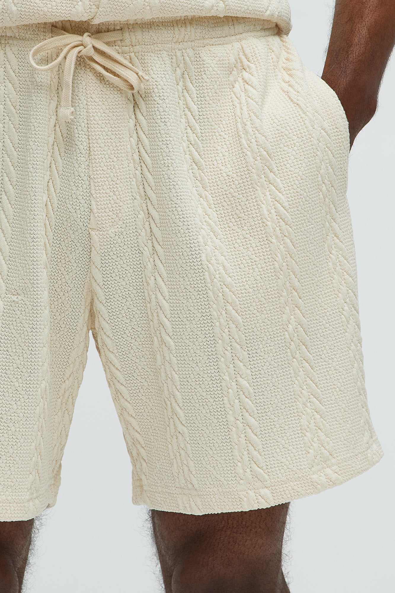 Textured Stripes Relaxed Drawstring Shorts - Cream - Image 3