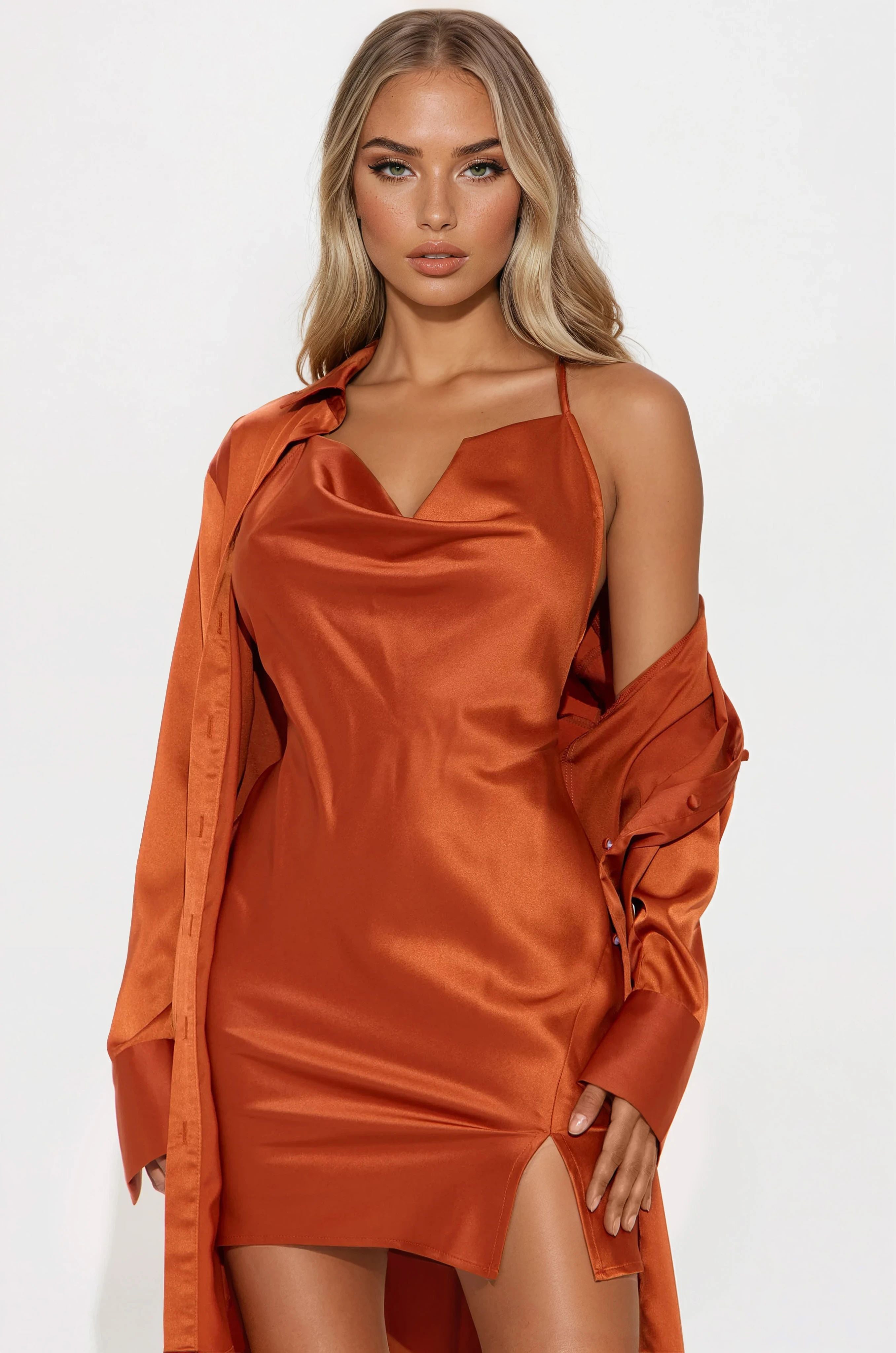 Adria Satin Mini Dress Set - Cognac - Image 3
