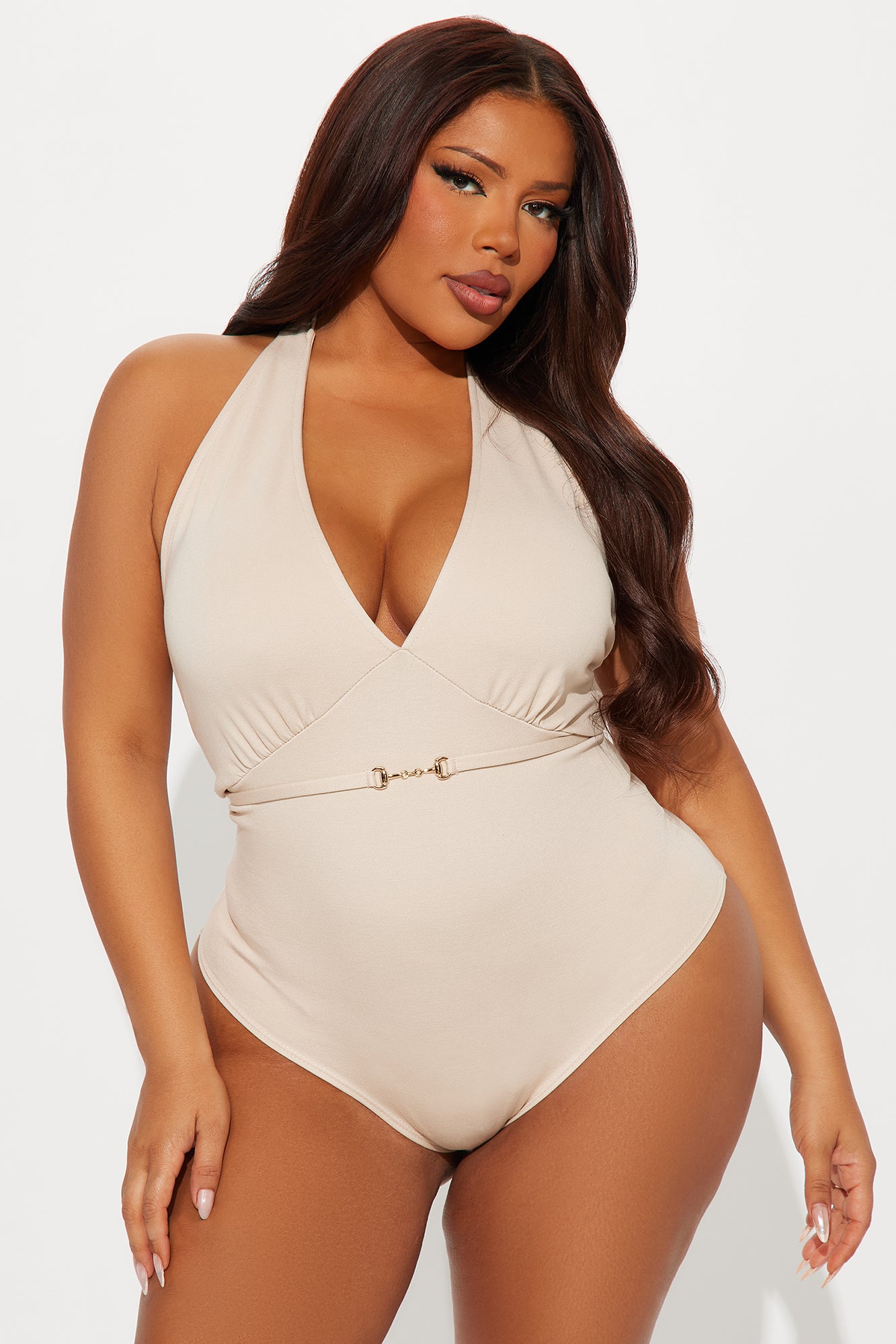 Calling Off Work Halter Bodysuit - Taupe - Image 5