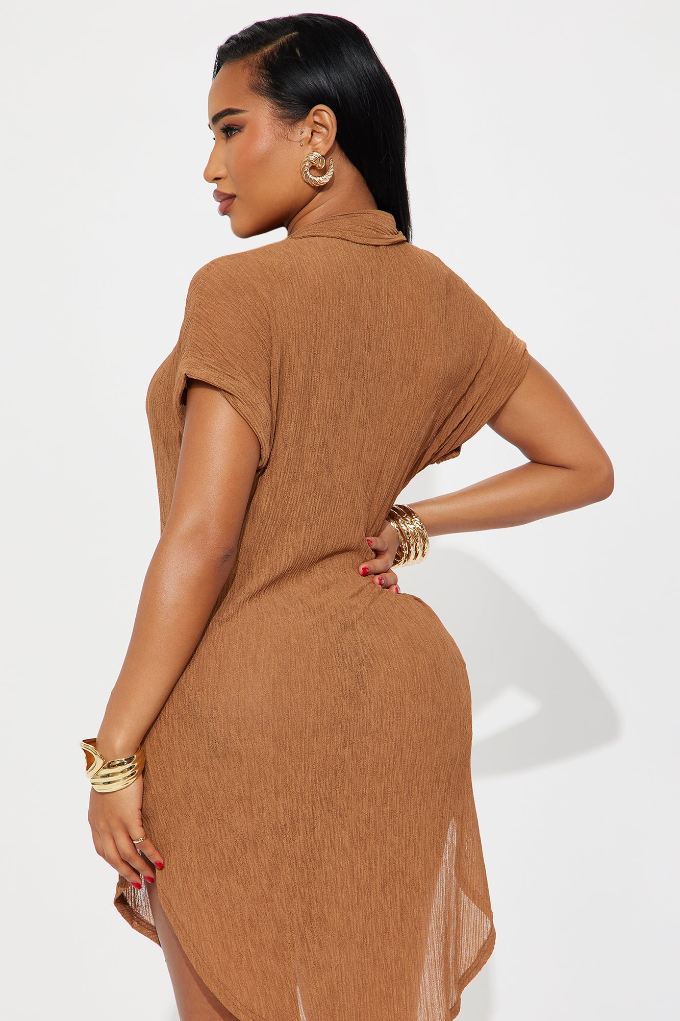 Summer Breeze Button Up Plisse Cover Up Shirt Dress- Mocha - Image 3