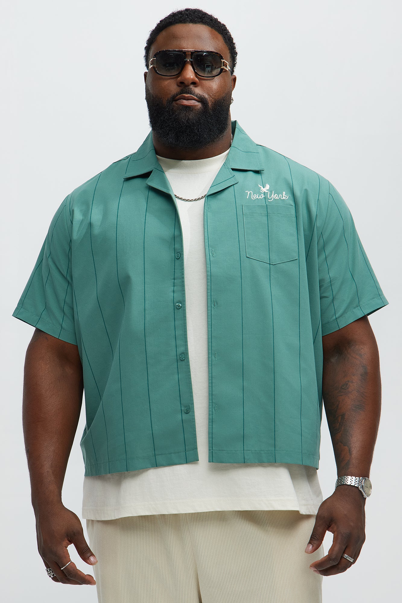 Back Embroidered Cropped Cuban Collar Button Up Shirt - Green - Image 6