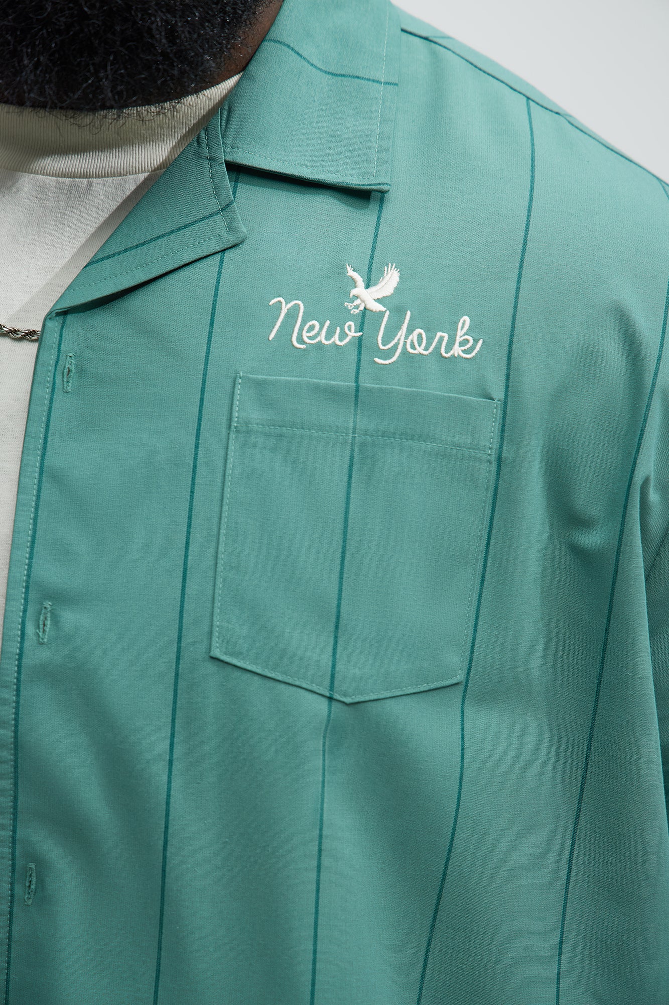 Back Embroidered Cropped Cuban Collar Button Up Shirt - Green - Image 8