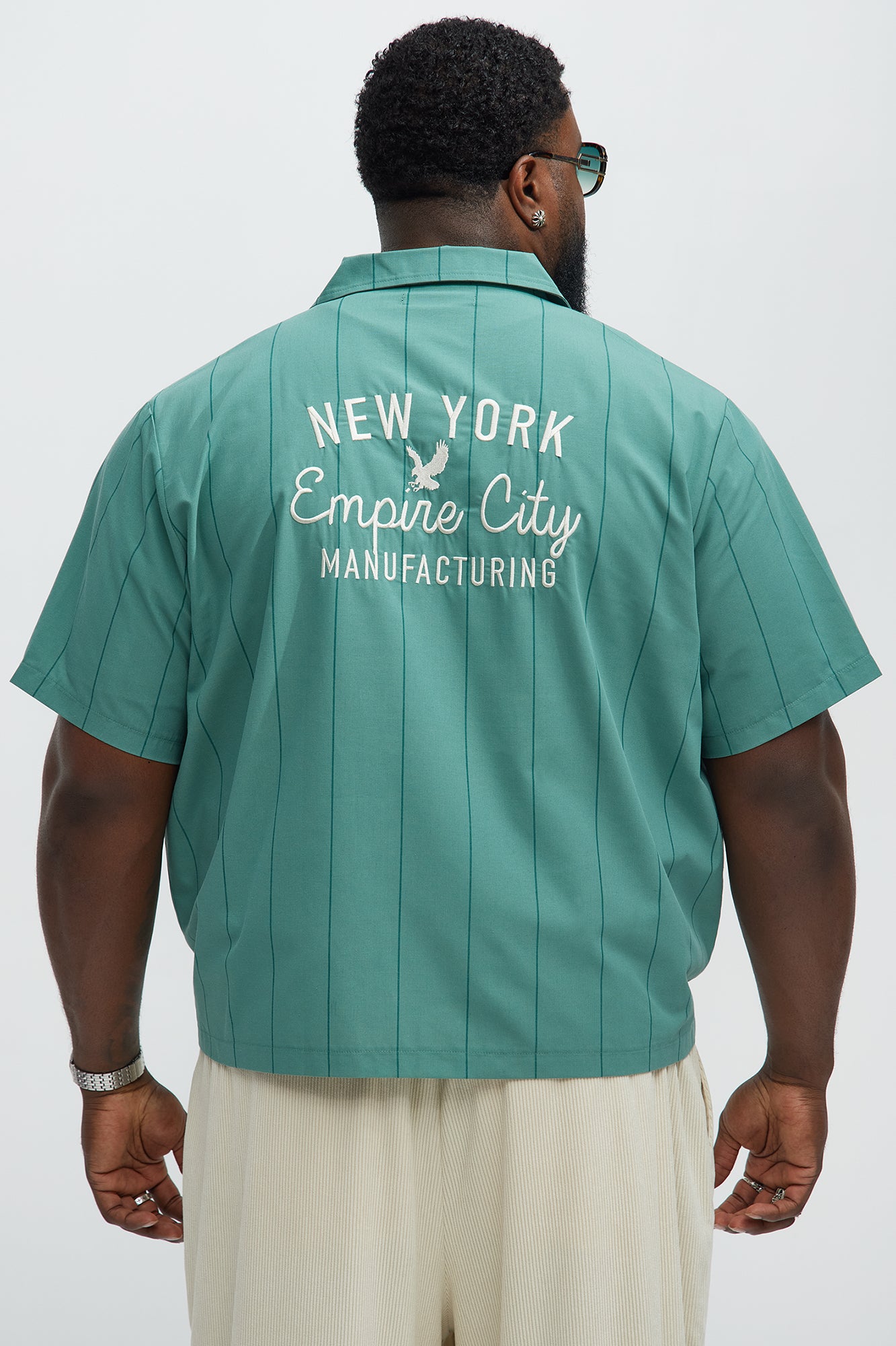 Back Embroidered Cropped Cuban Collar Button Up Shirt - Green - Image 5