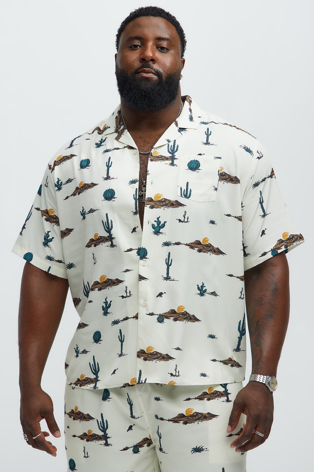 Desert Cuban Collar Button Up Shirt - White/combo - Image 4