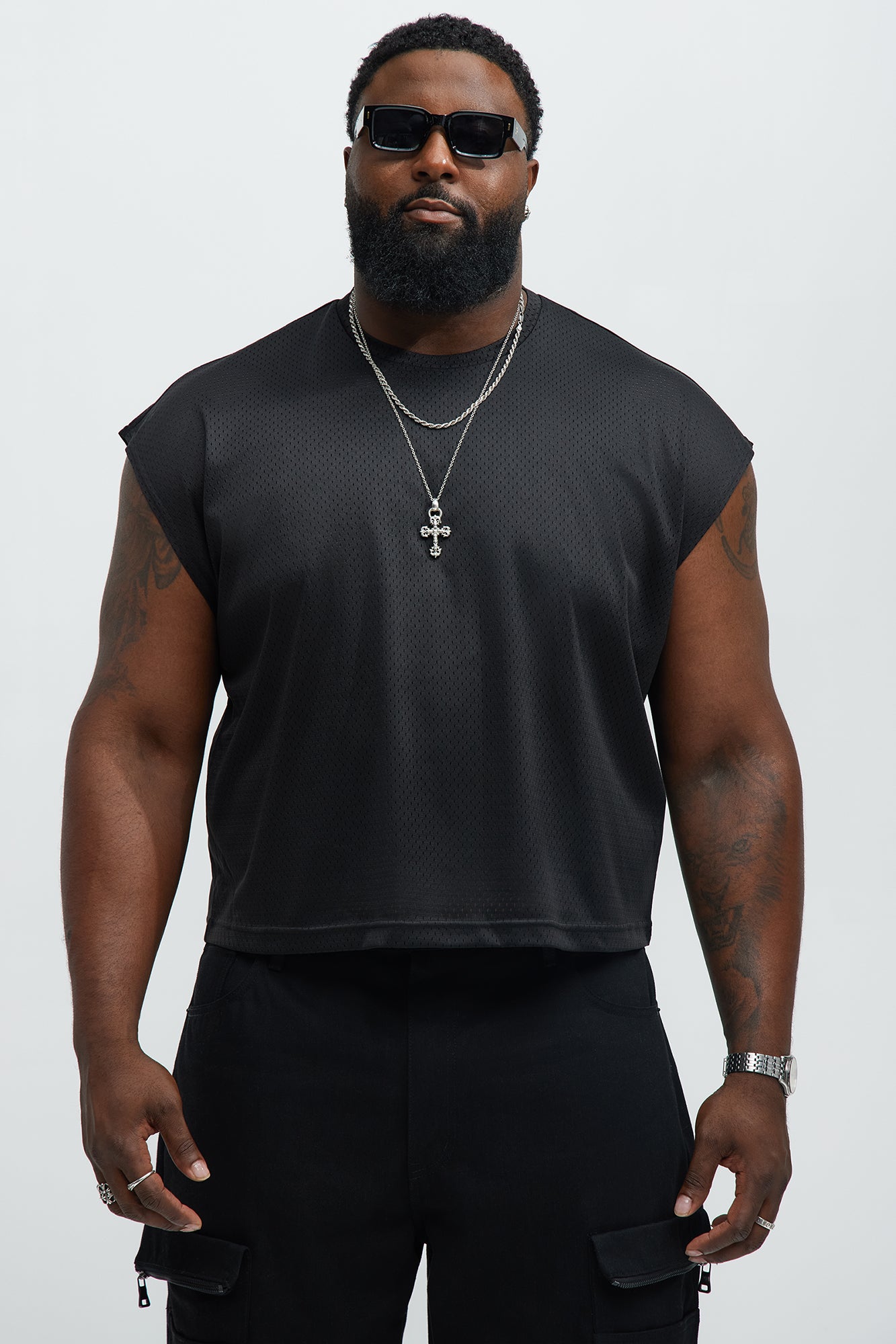 Boxy Mesh Sleeveless Muscle Tee - Black - Image 5