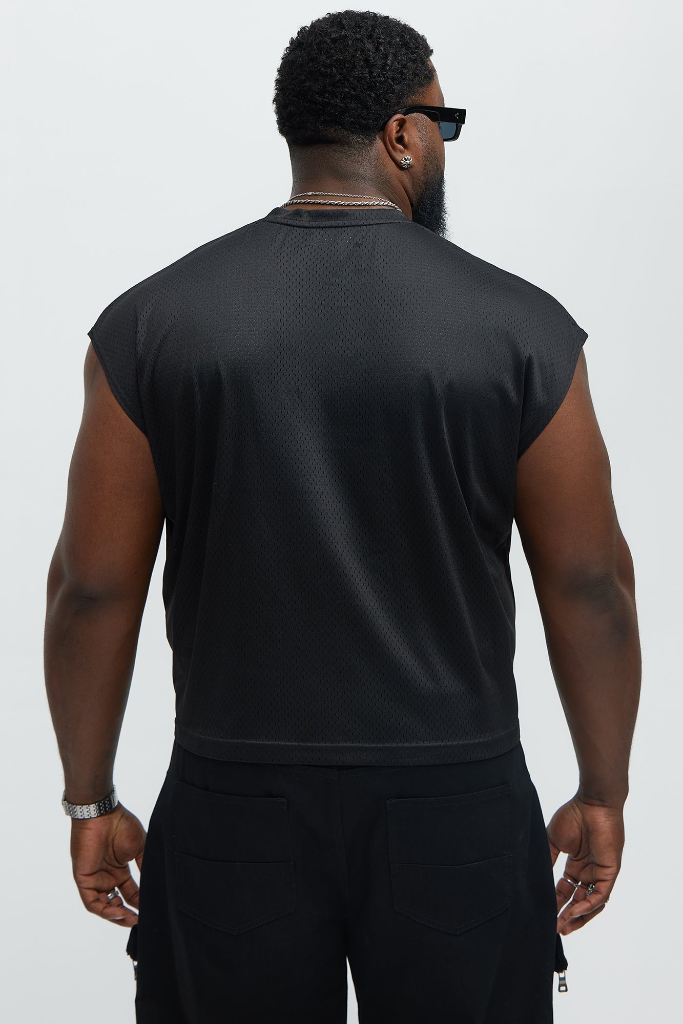 Boxy Mesh Sleeveless Muscle Tee - Black - Image 8