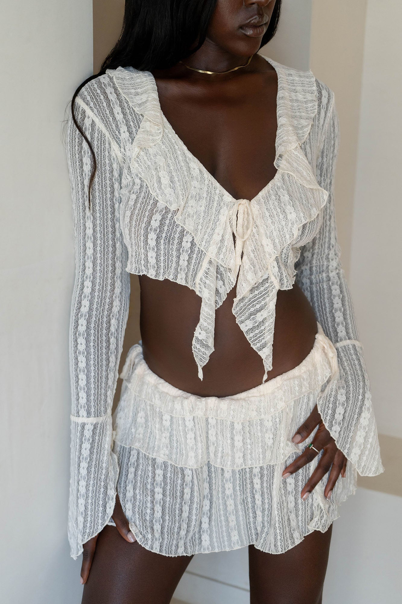 Camelia Lace Ruffle Cover Up Skirt Set - Cream - Image 3
