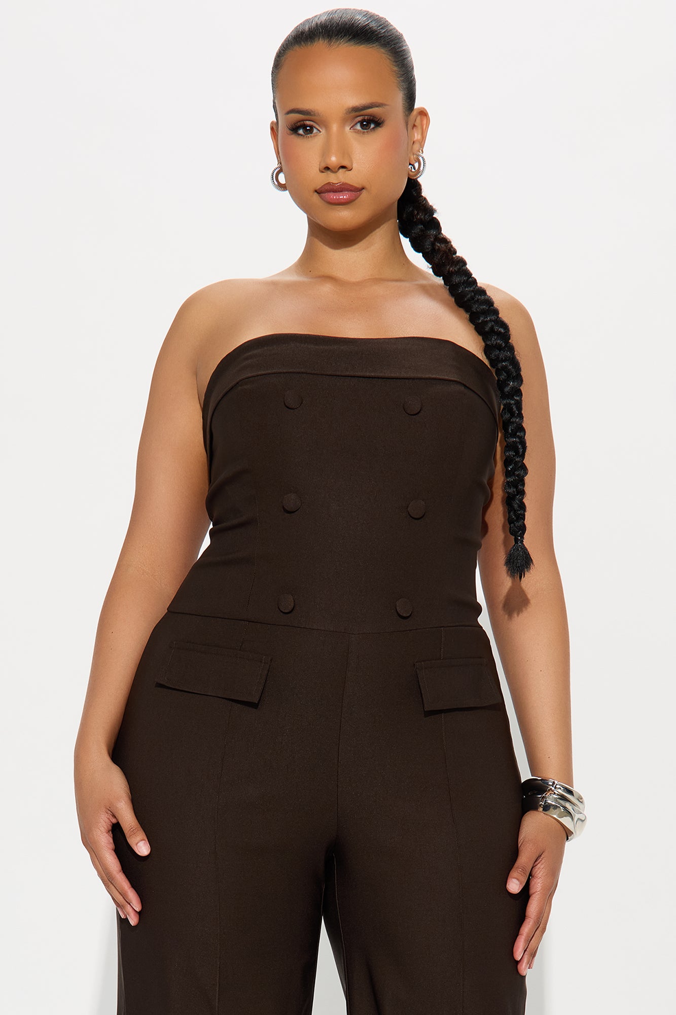 On Duty Wide Leg Strapless Jumpsuit - Chocolate - Image 5