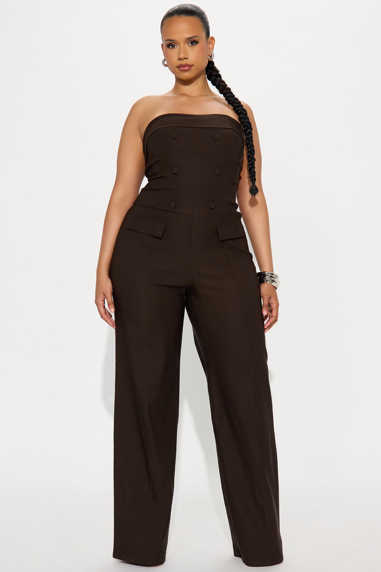 On Duty Wide Leg Strapless Jumpsuit - Chocolate - Image 4