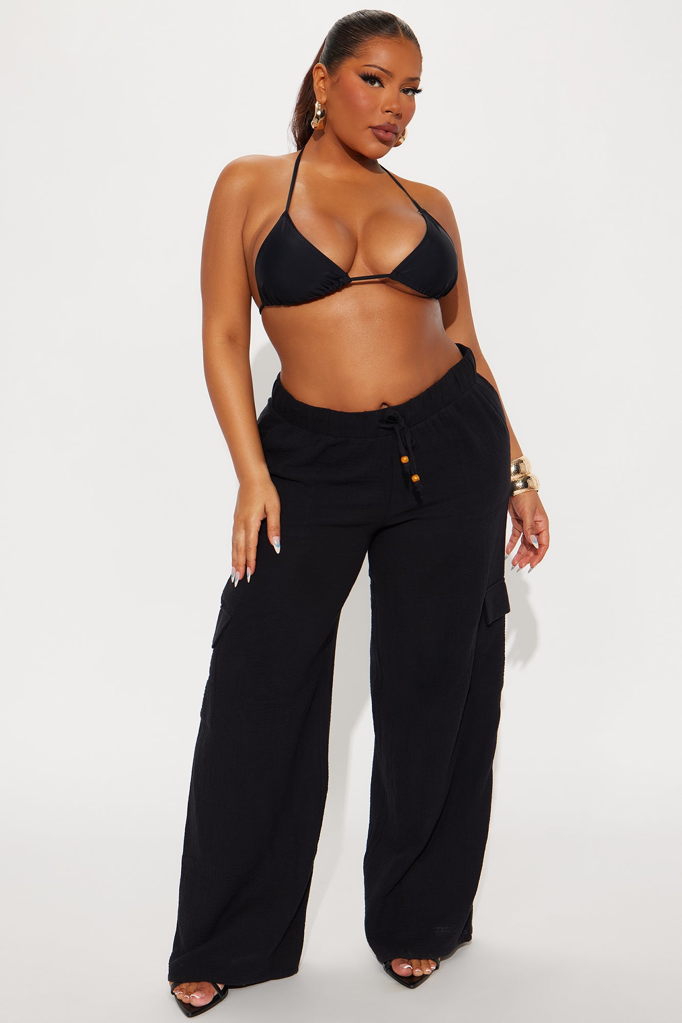 Keep It Simple Gauze Cover Up Cargo Pants - Black - Image 4