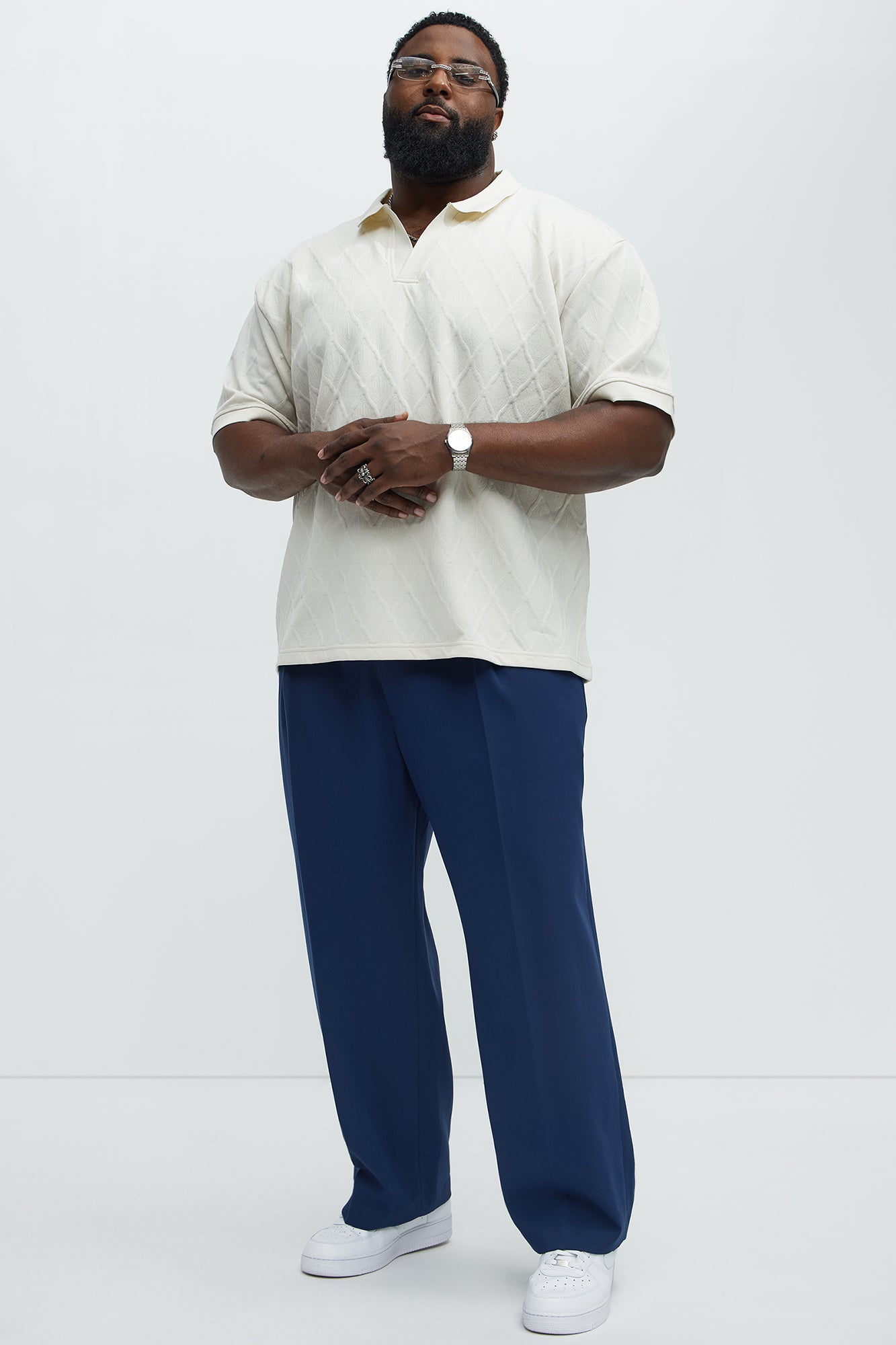 Diamond Textured Johnny Collar Polo - Cream - Image 6