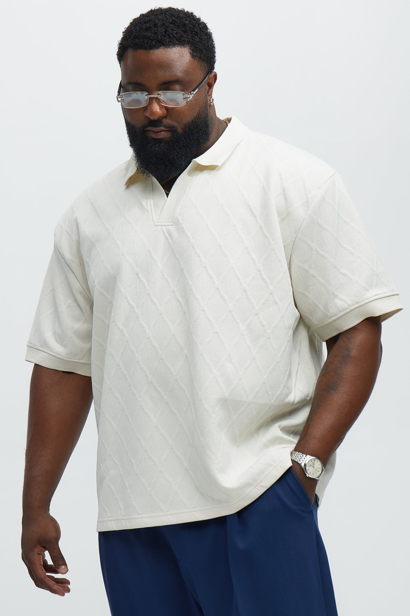 Diamond Textured Johnny Collar Polo - Cream - Image 5