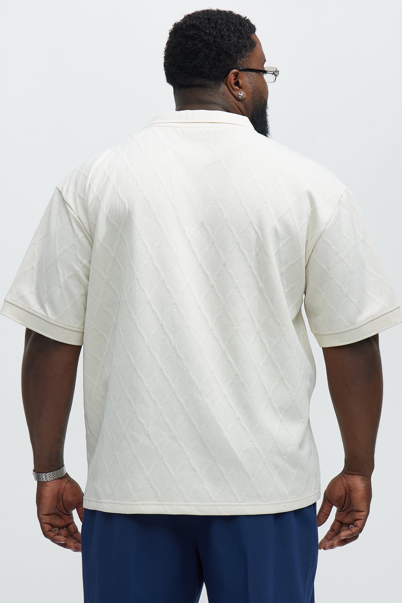 Diamond Textured Johnny Collar Polo - Cream - Image 8