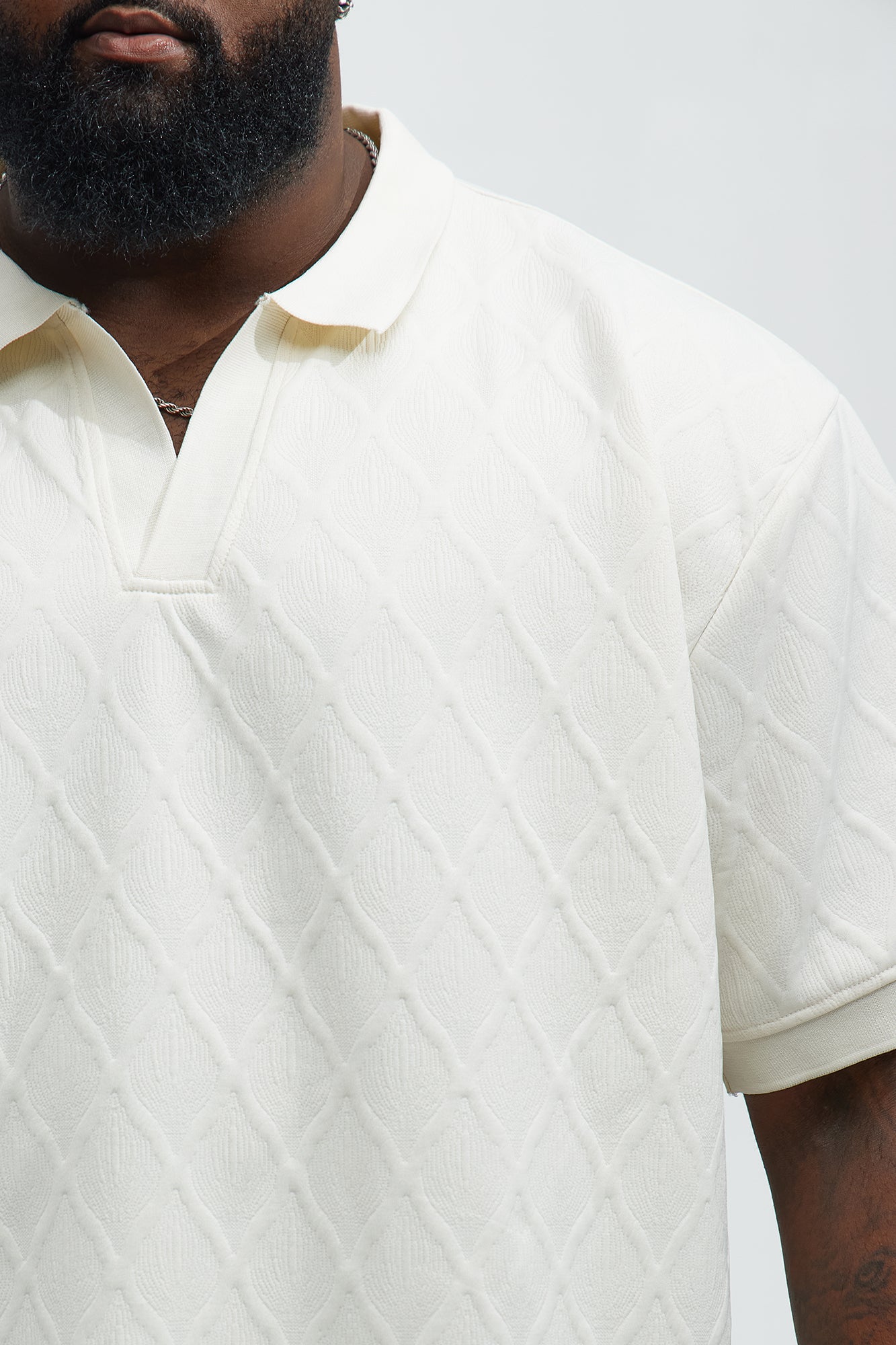 Diamond Textured Johnny Collar Polo - Cream - Image 7