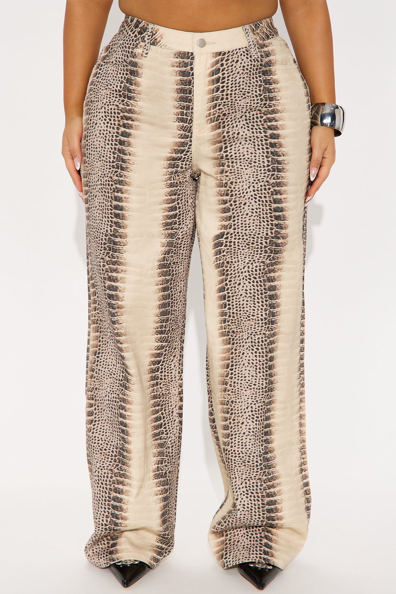 Rattle Me Up High Rise Snake Print Wide Leg Jeans - Beige/Brown - Image 5