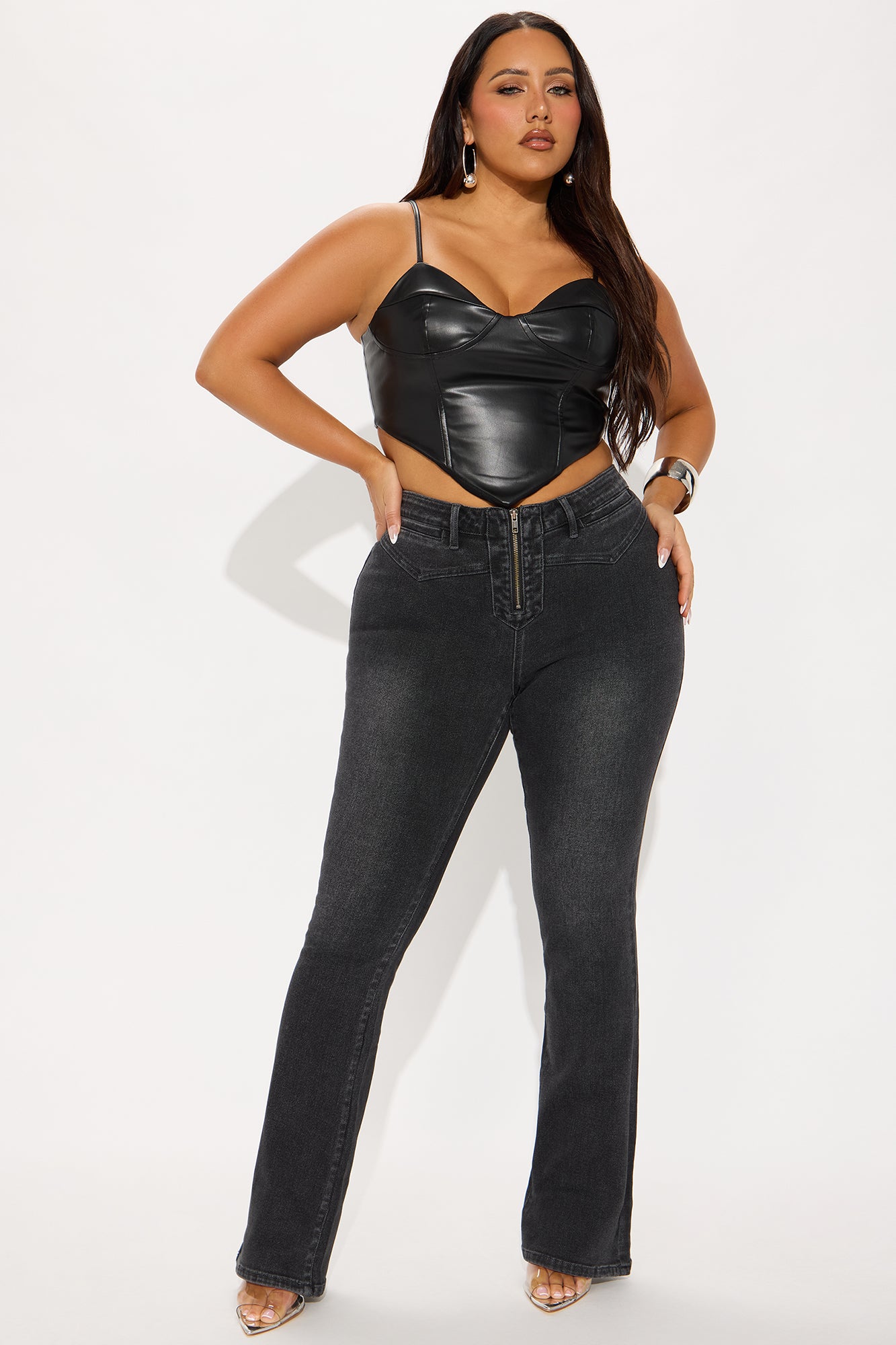 Gaby Zip Front Flare Leg Jeans - Black Wash - Image 5