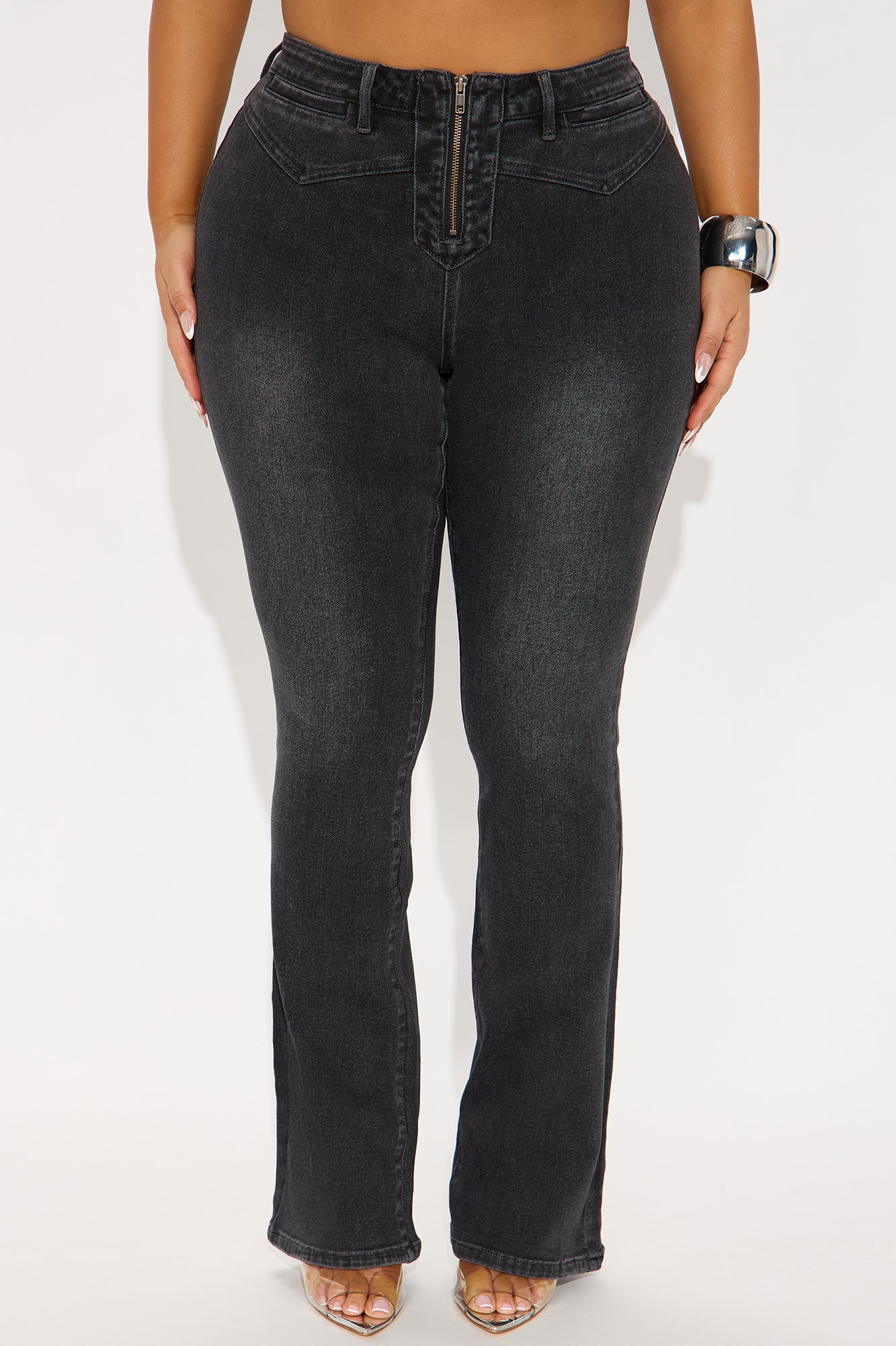 Gaby Zip Front Flare Leg Jeans - Black Wash - Image 4