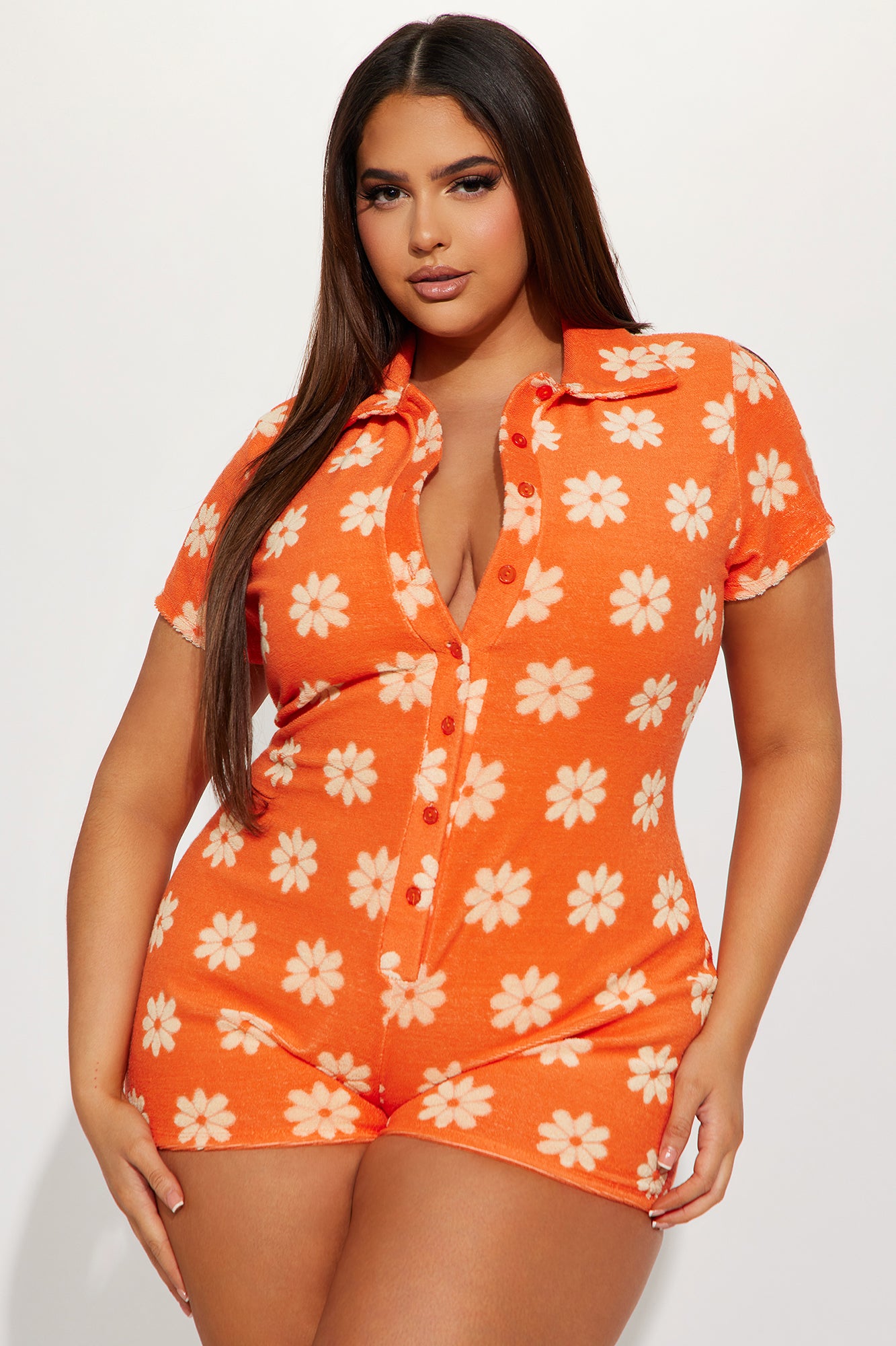 Flower Fields Terry Cloth Romper - Orange - Image 5