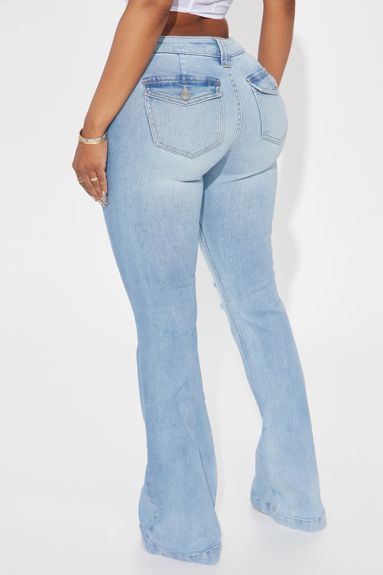 Checking It Out Stretch Flare Jeans - Light Wash - Image 3