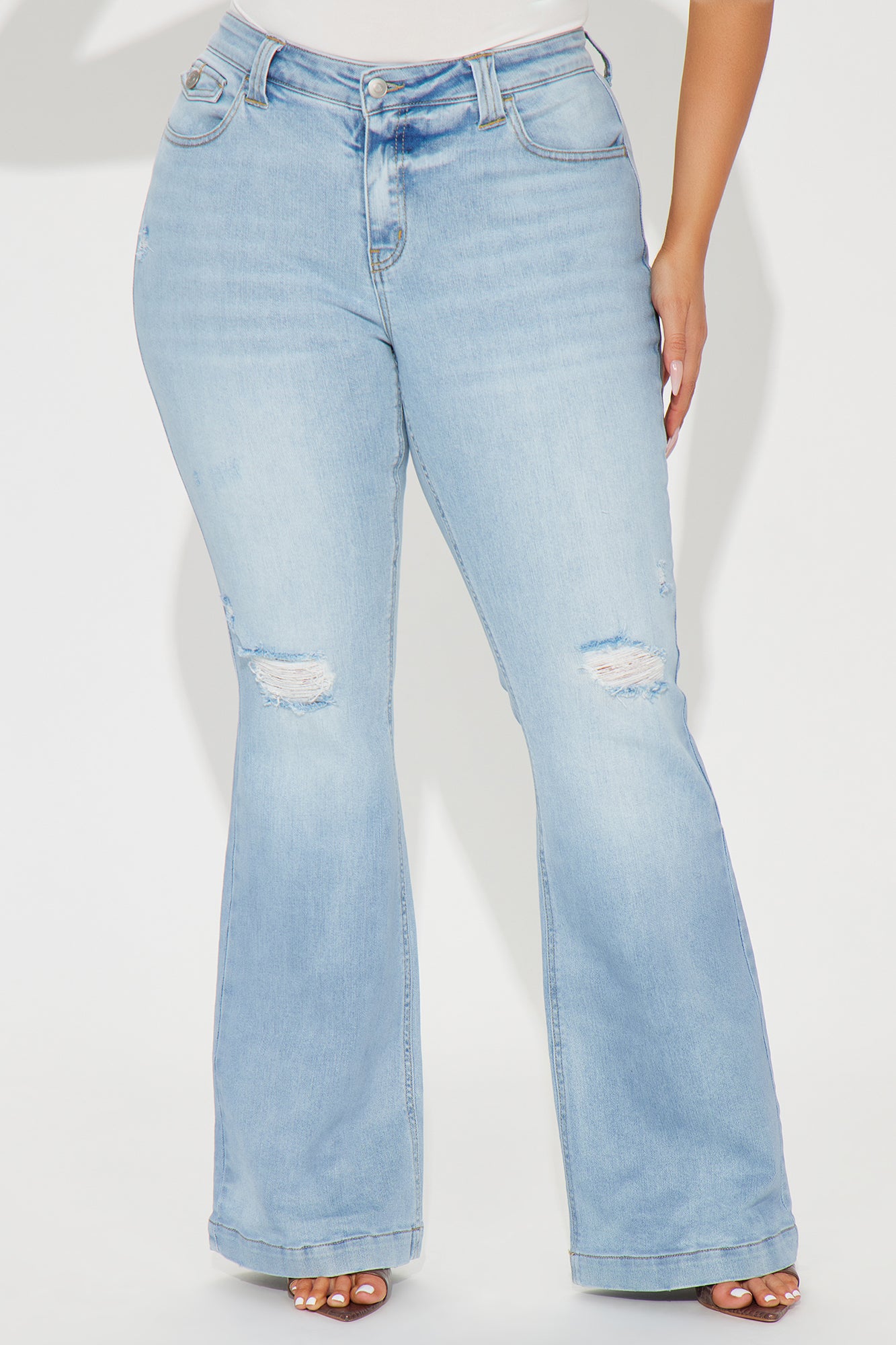 Checking It Out Stretch Flare Jeans - Light Wash - Image 5