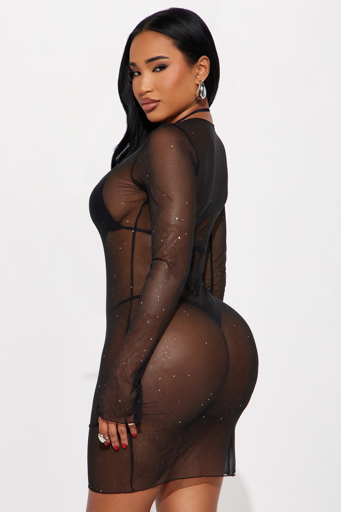 Ivanna Glitter Mesh Cover Up Mini Dress - Black - Image 3