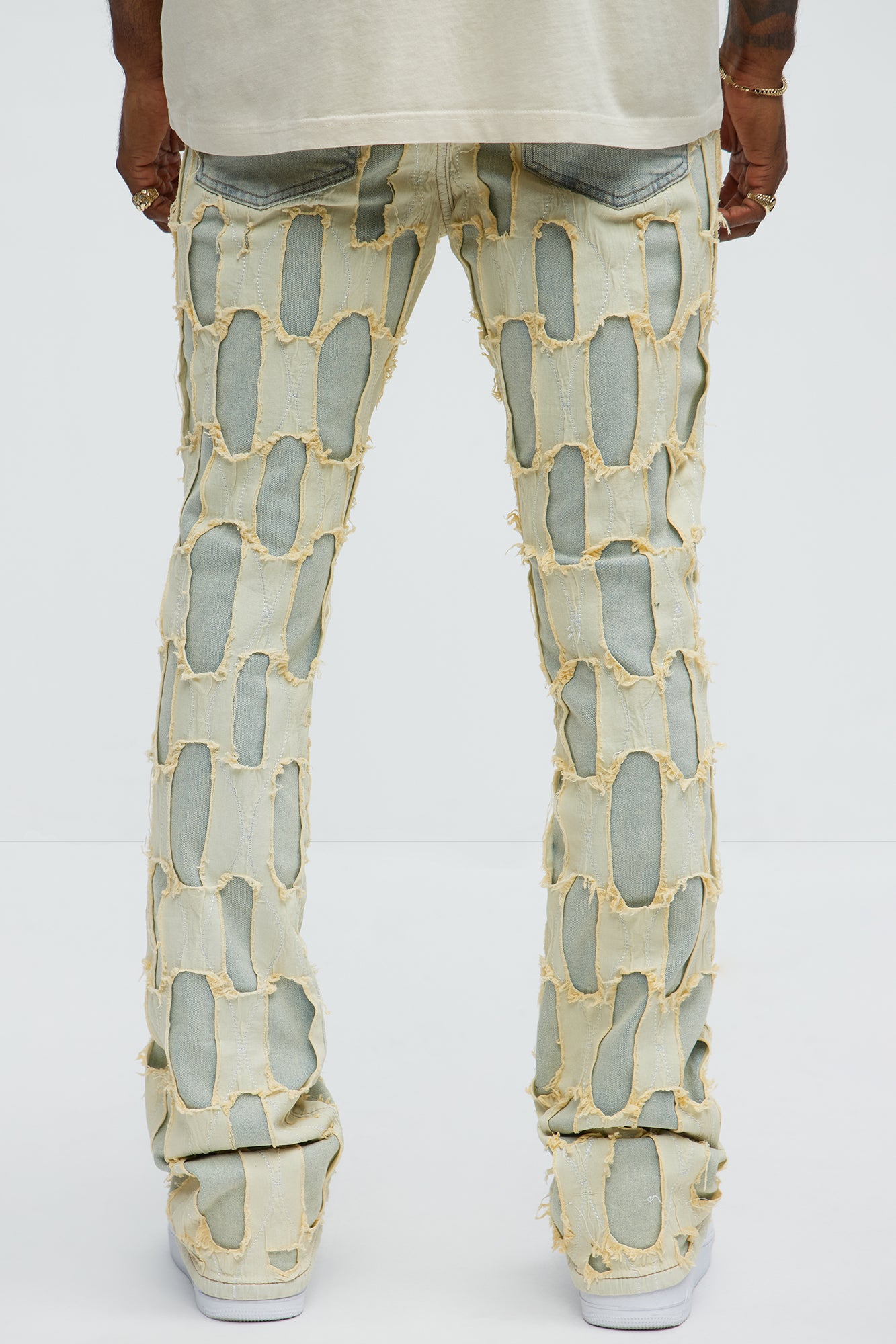 Shredded Distressed Stacked Skinny Flare Jeans - Medium Wash - Image 4