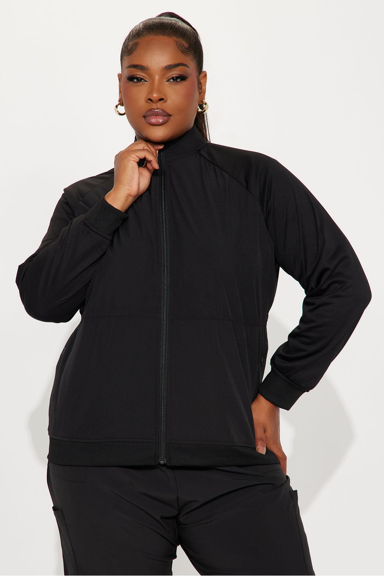 Full Shift Stretch Scrub Uniform Zip Up Jacket - Black - Image 6