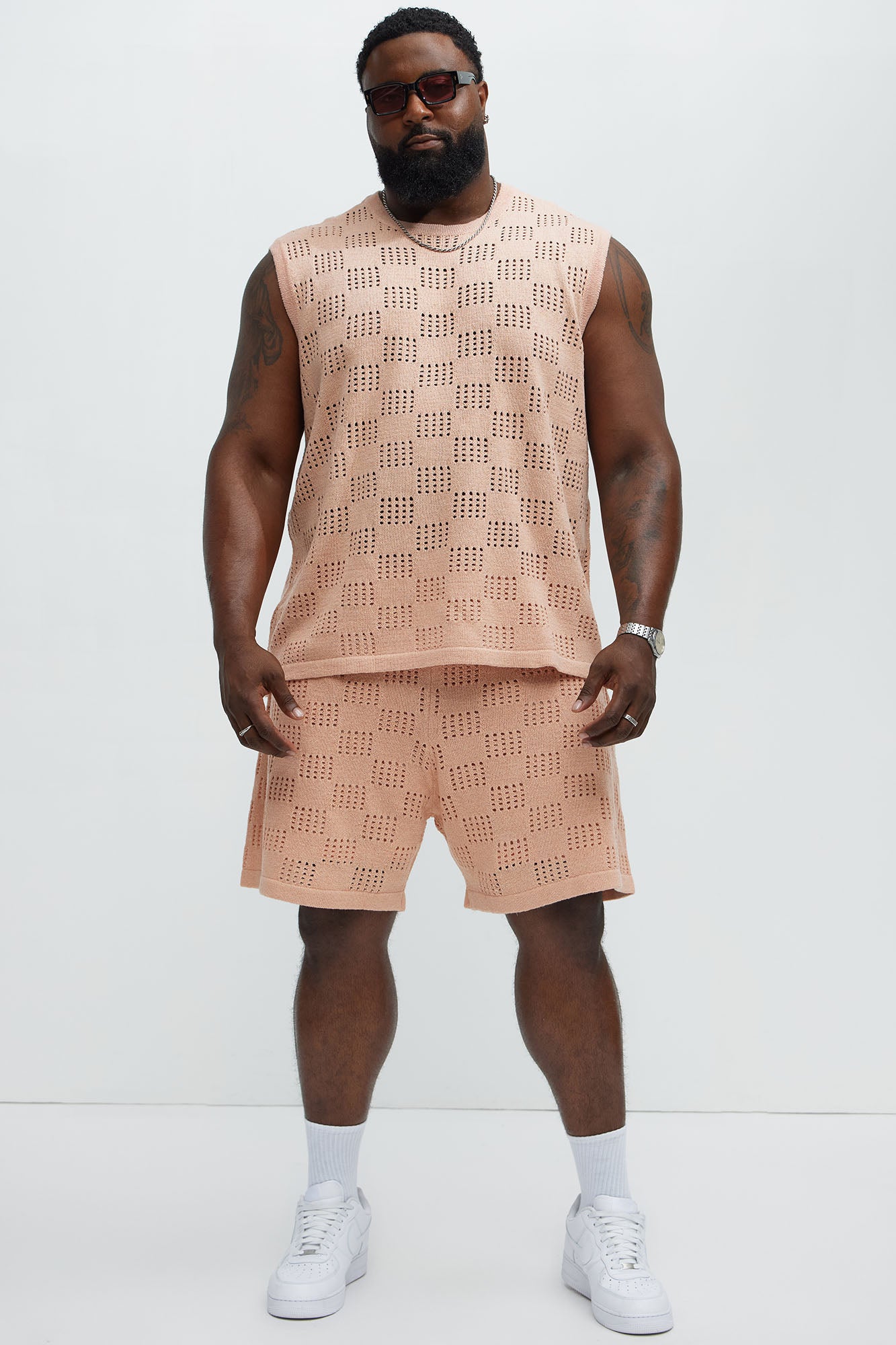 Checkered Open Knit Muscle Tee - Pink - Image 6