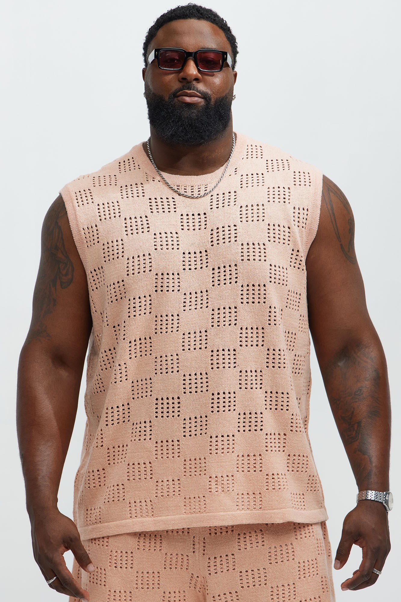 Checkered Open Knit Muscle Tee - Pink - Image 5