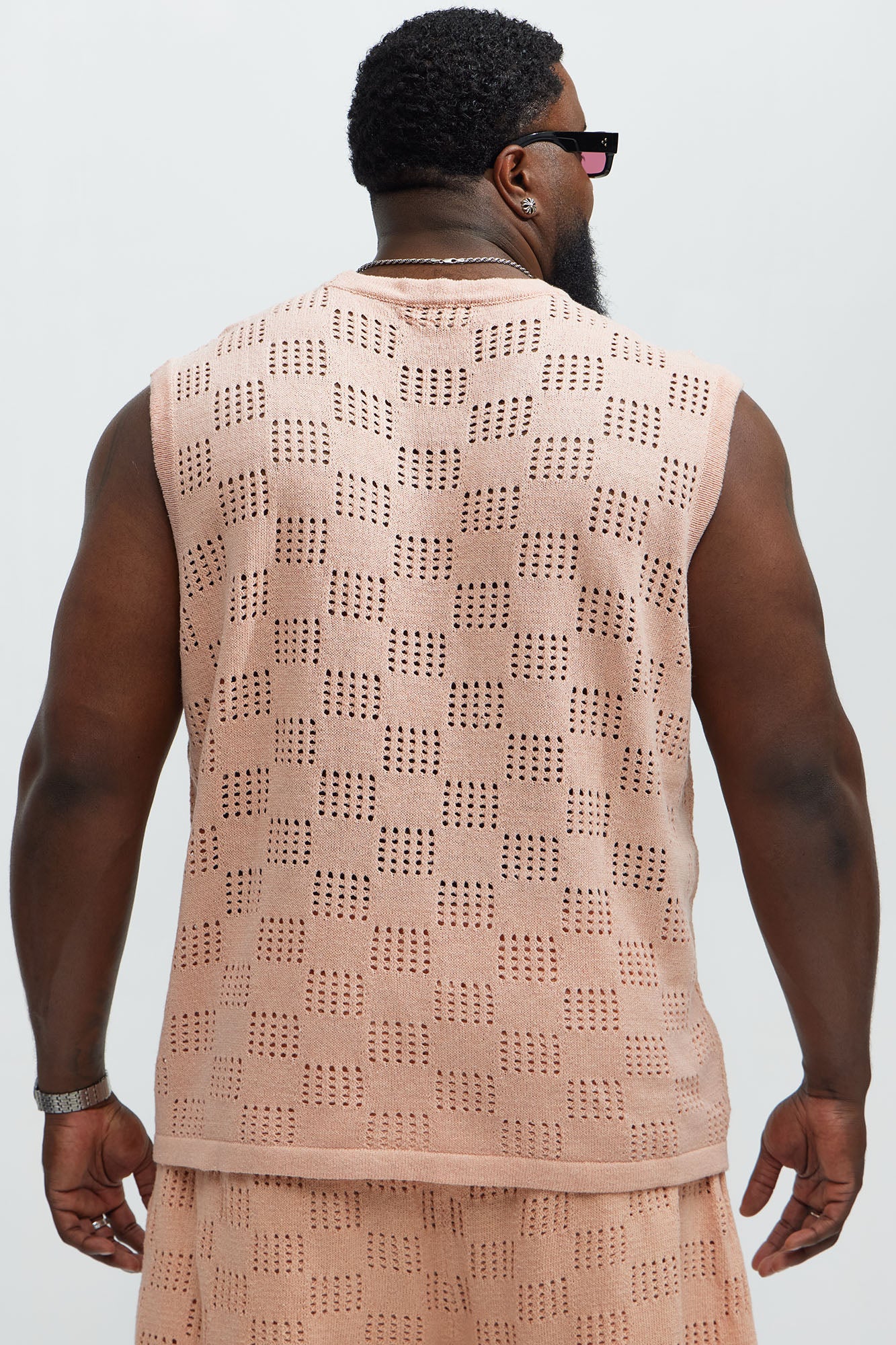 Checkered Open Knit Muscle Tee - Pink - Image 7