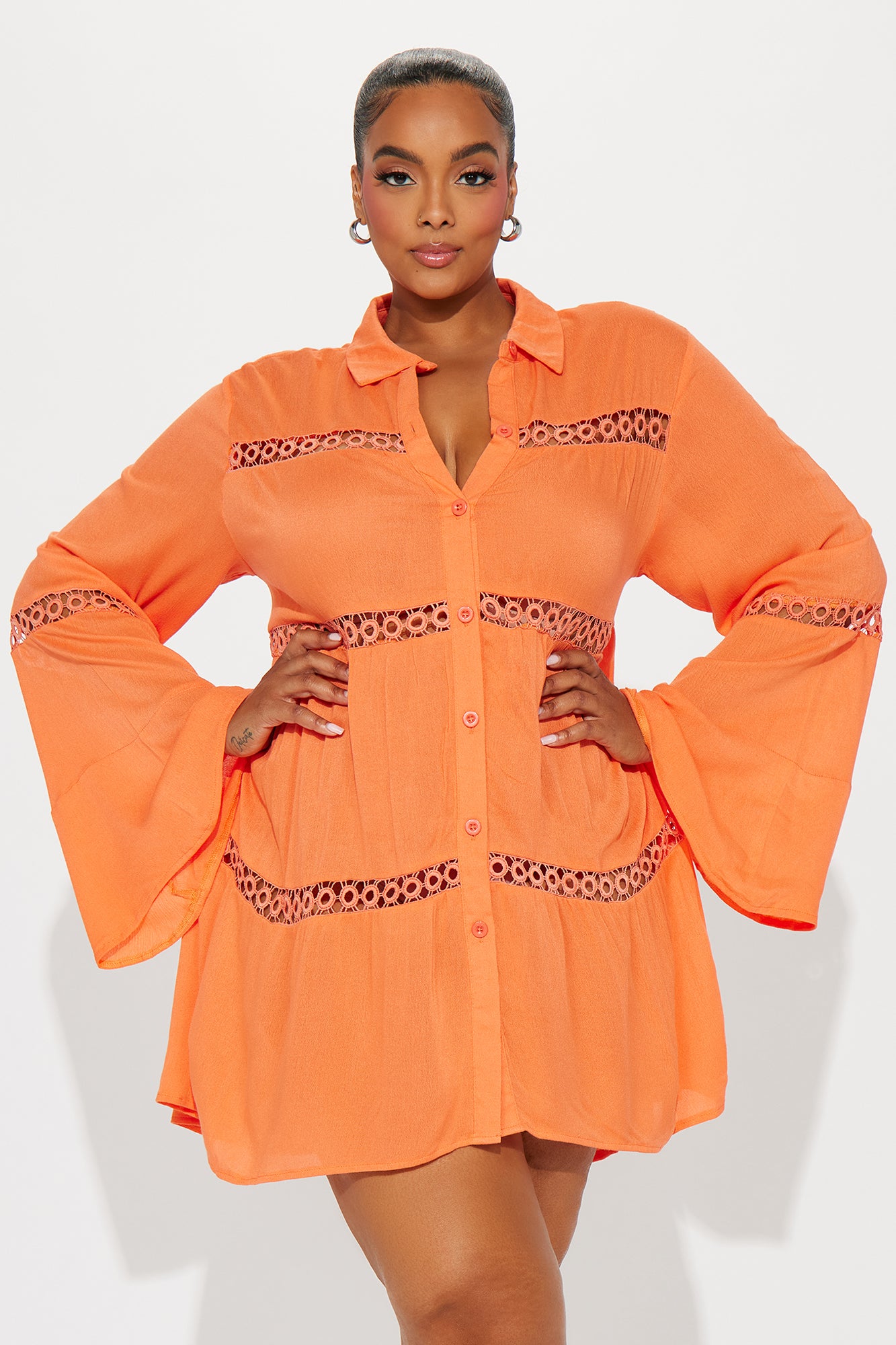 Breezy Paradise Linen Circle Cover Up Shirt Dress - Orange - Image 4