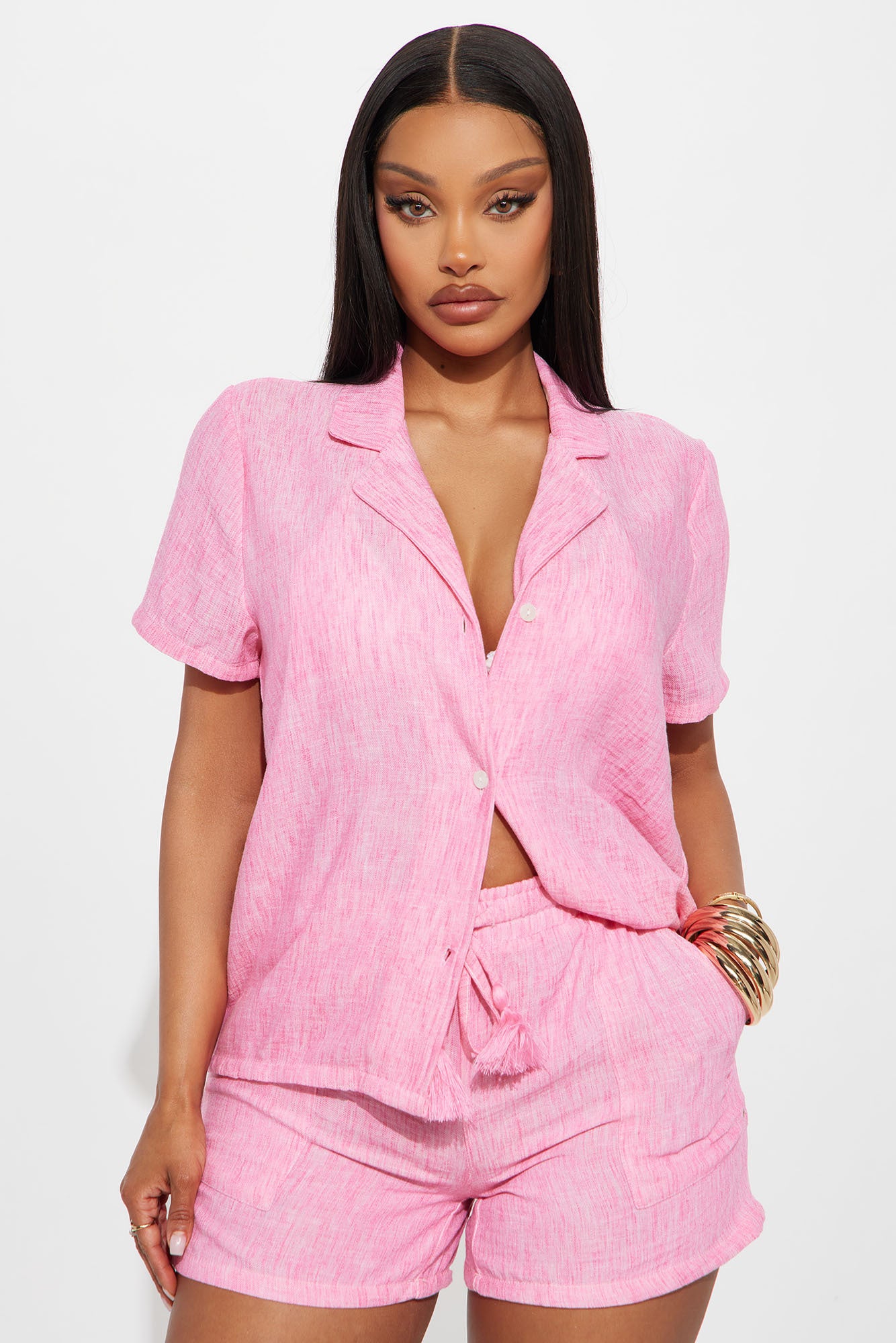 Keep It Simple Gauze Cover Up Shorts Set - Pink - Image 3