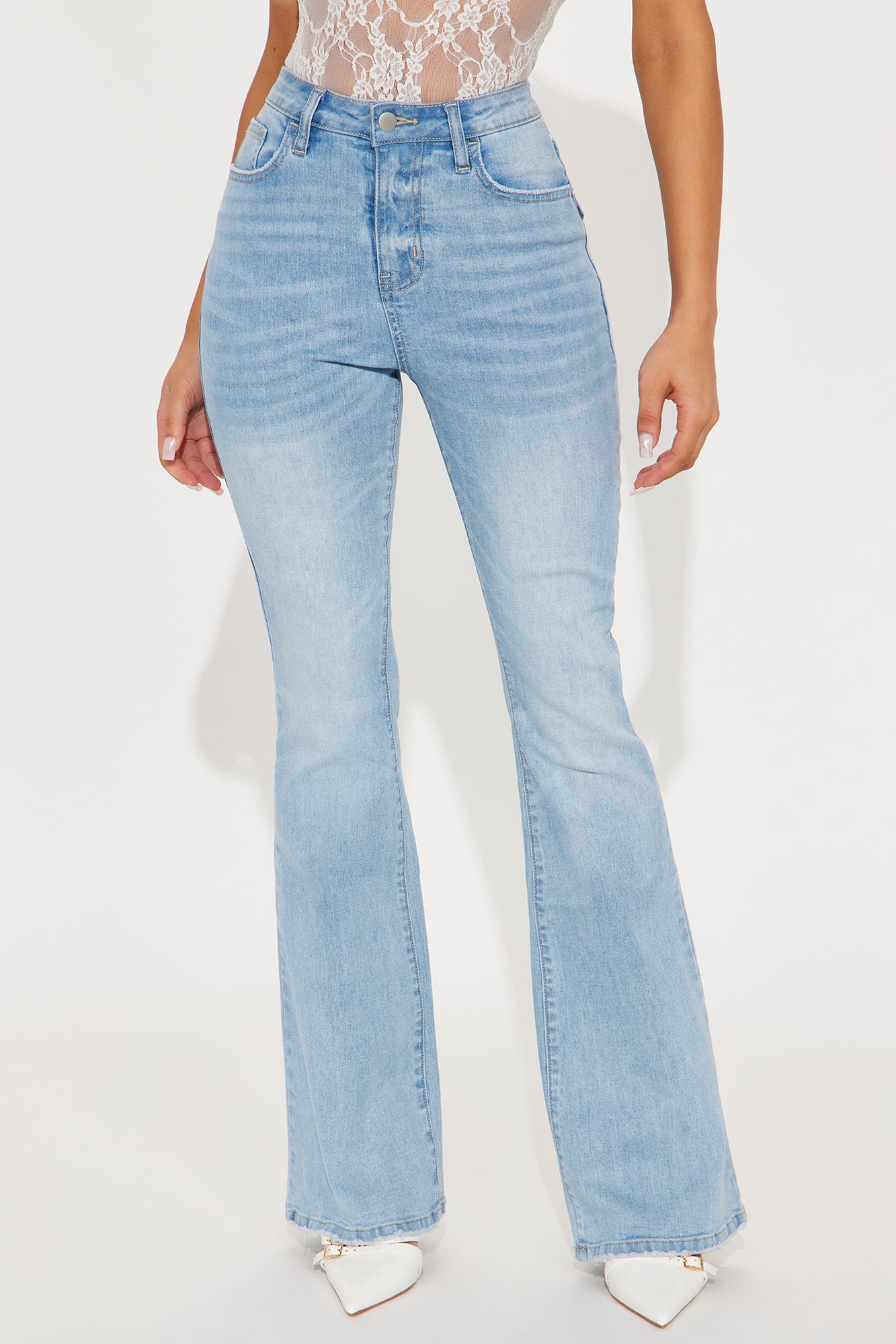 Sweet By Choice Lace Up Stretch Flare Jeans - Light Wash - Image 4