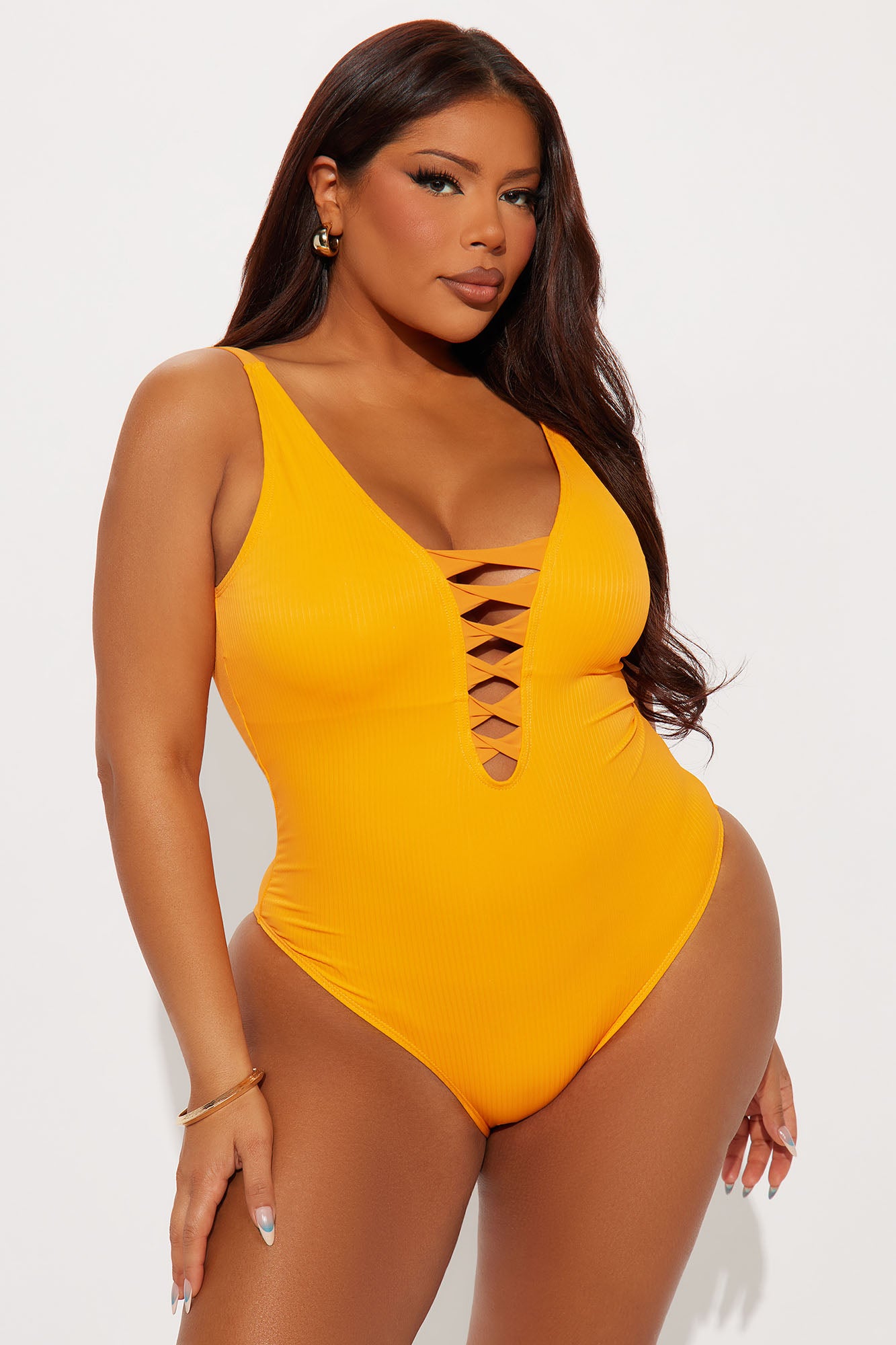 Summer Vibes Lace Up Ribbed 1 Piece Swimsuit - Orange - Image 4