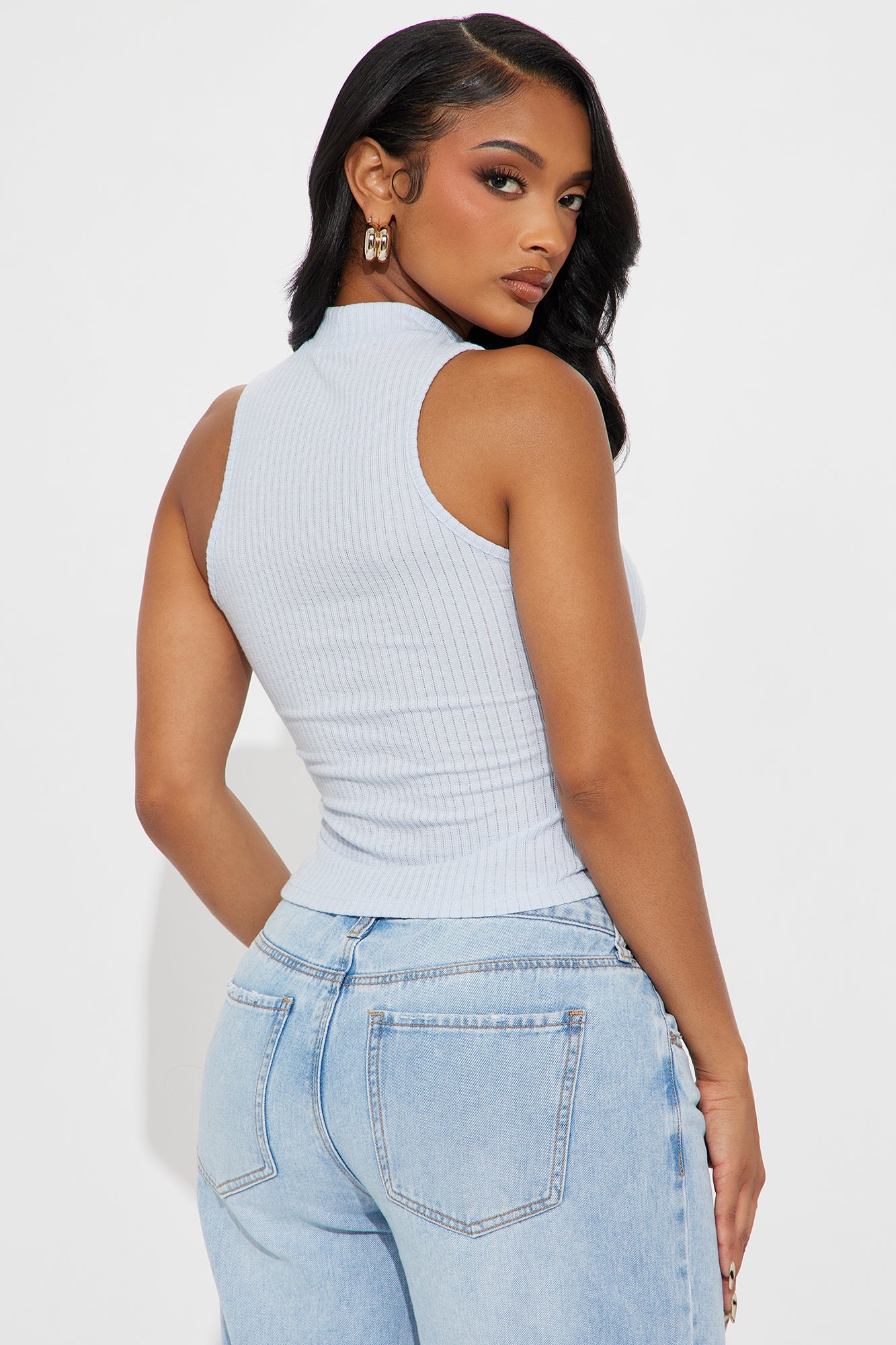 Alina Ribbed Mock Neck Tank Top - Blue - Image 3