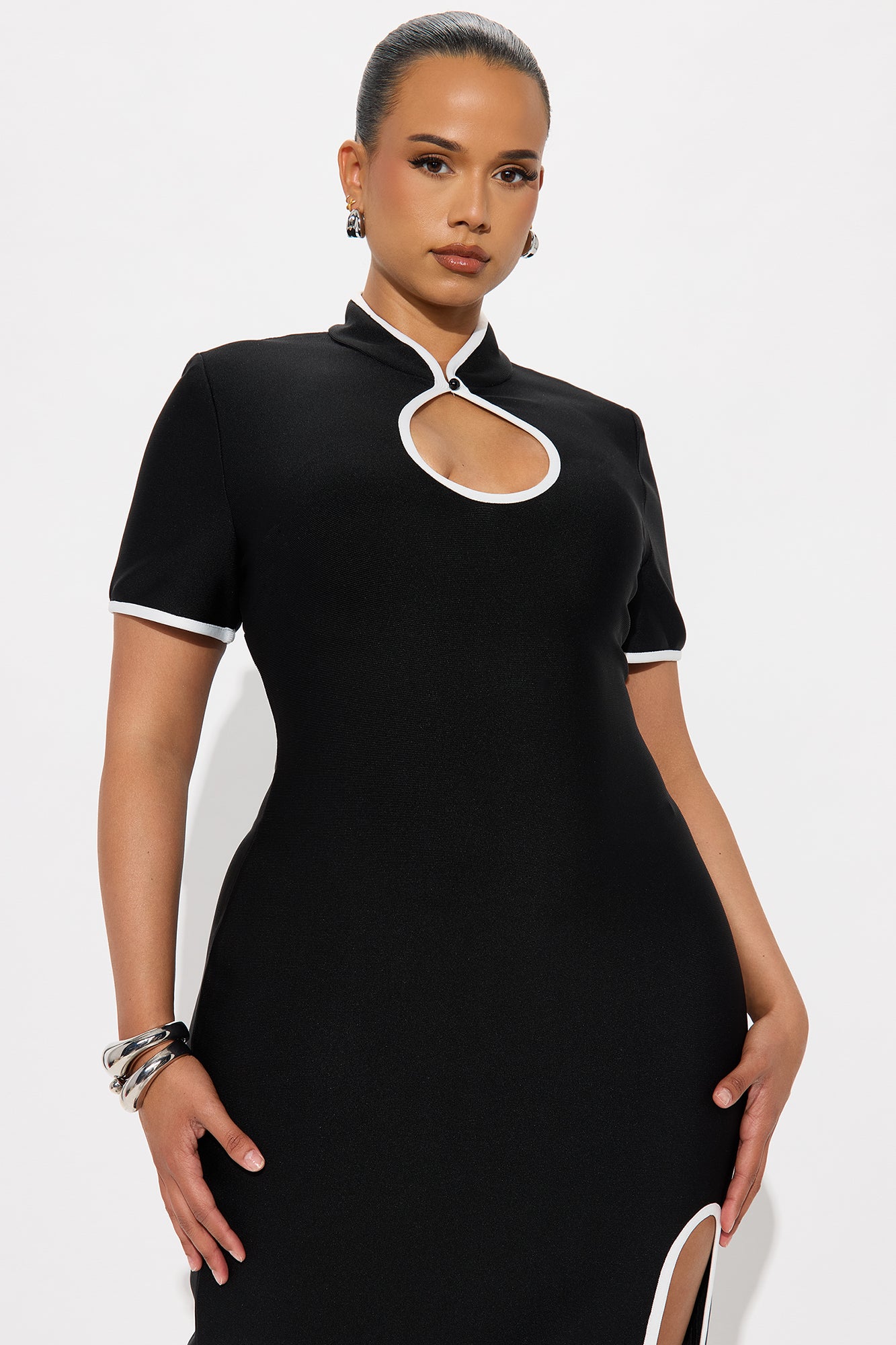 Worth It Collar Bandage Midi Dress - Black/White - Image 5