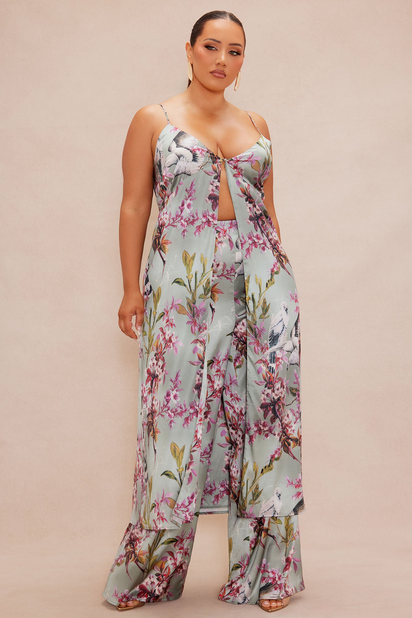 Guiselle Flyaway Satin Pant Set - Sage/combo - Image 5